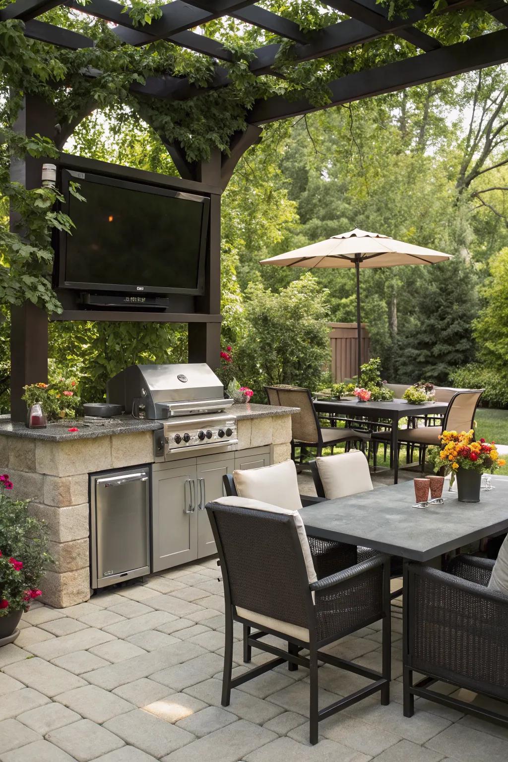 Entertain and cook with a multifunctional TV stand and grill.