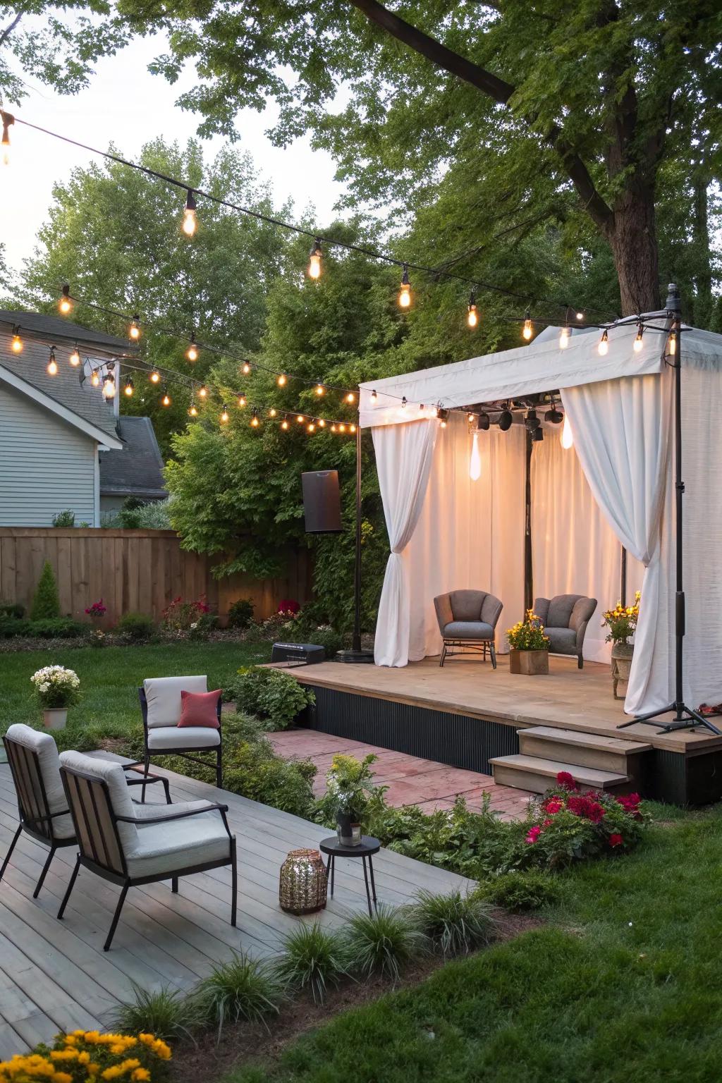 An outdoor theater space invites creativity and dramatic play.