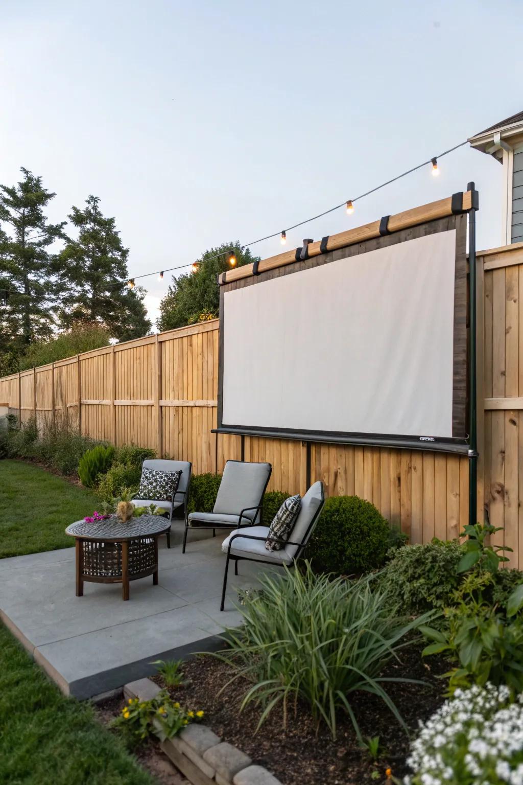 Fence-mounted screens provide a sleek and space-saving solution for outdoor viewing.