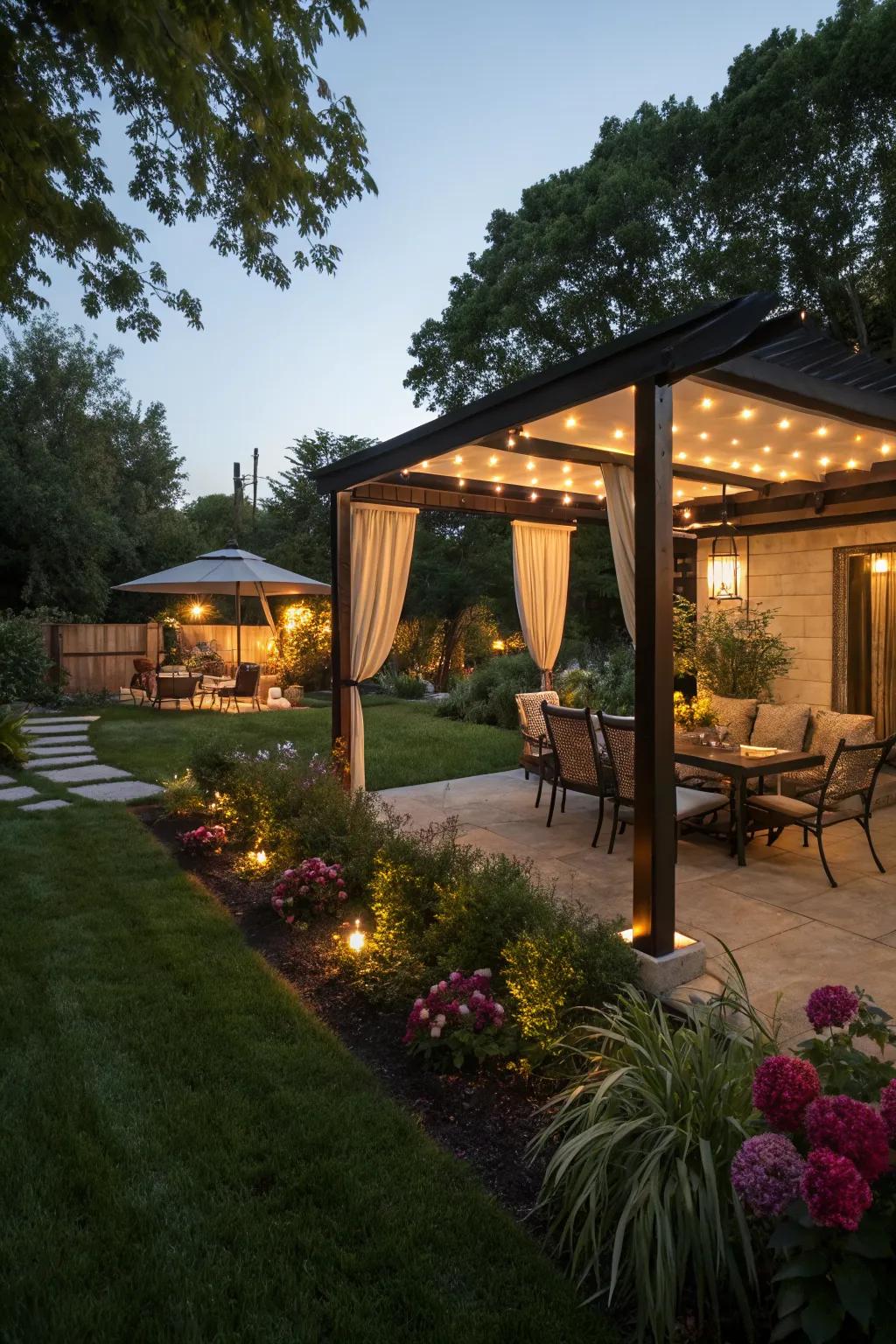 Lighting enhances shade structures for evening use.