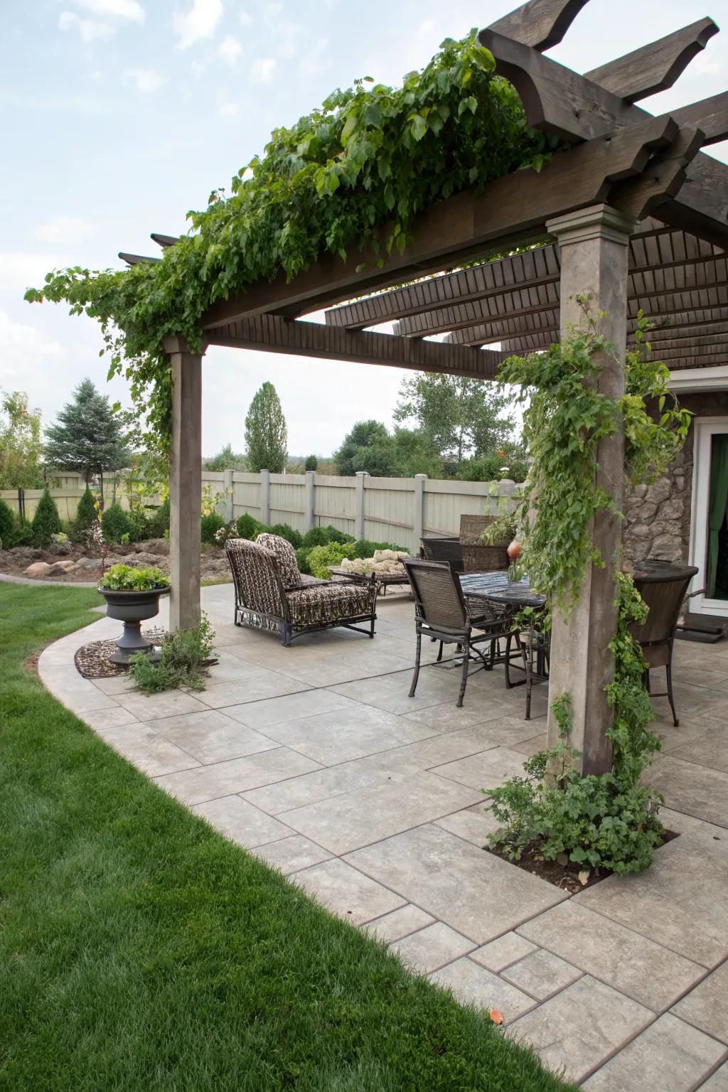 A pergola offers shade and architectural charm.