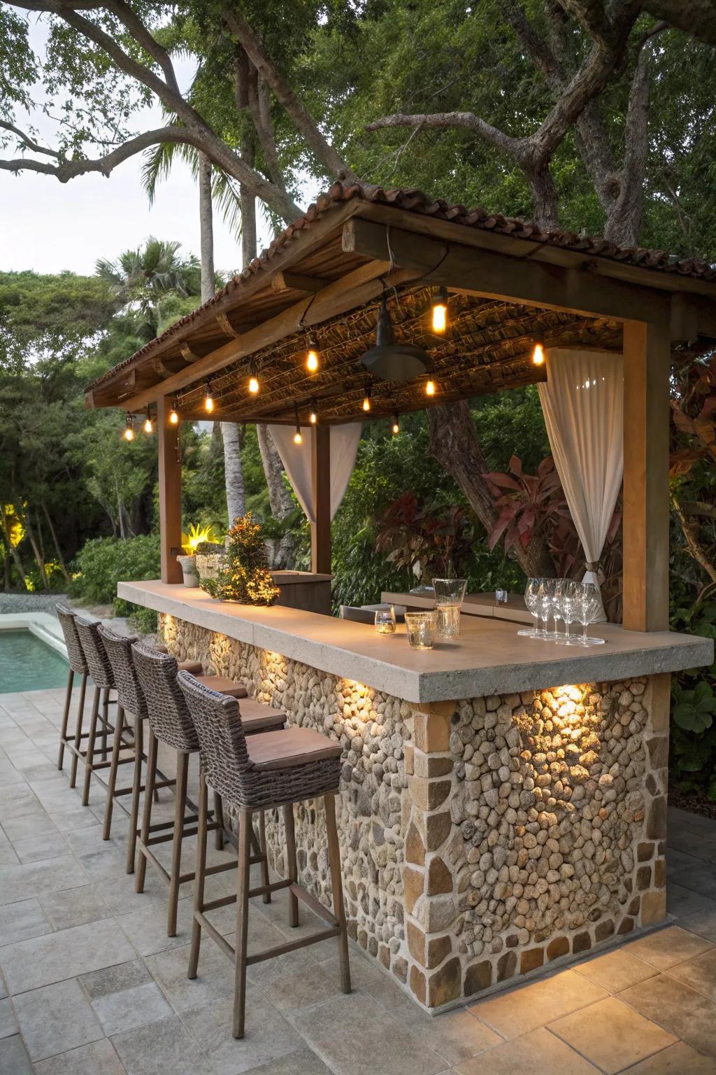 An organic pebble tile bar top for a serene and natural ambiance