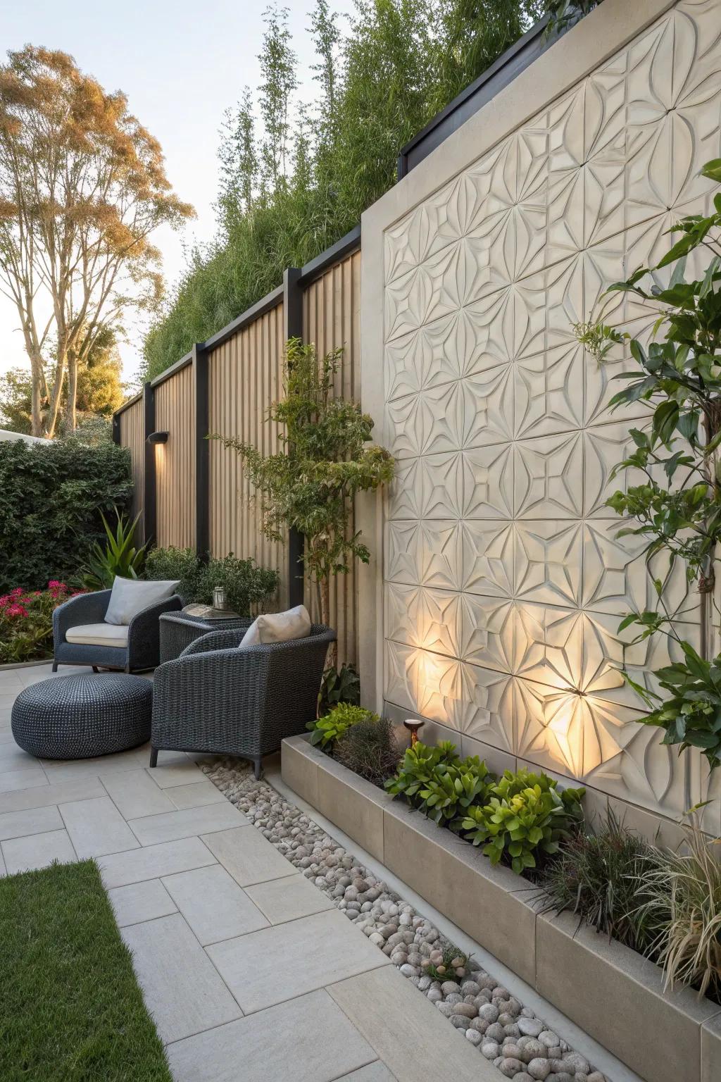3D textured tiles add depth and intrigue to garden walls.