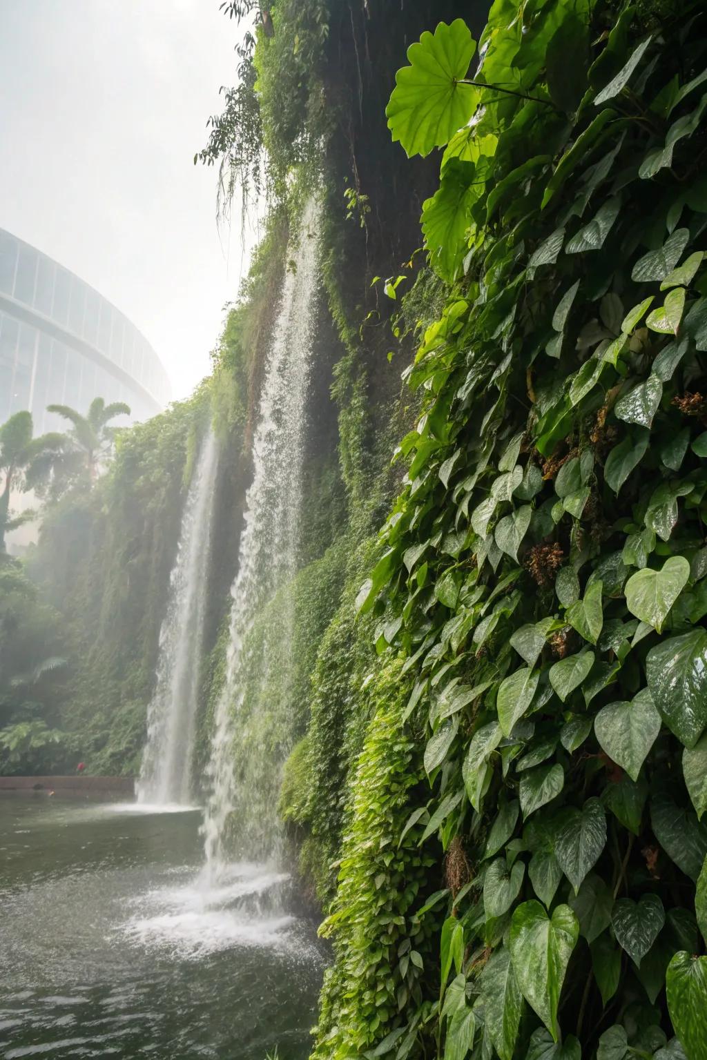 A leafy plant wall brings tropical vibes to your waterfall design.