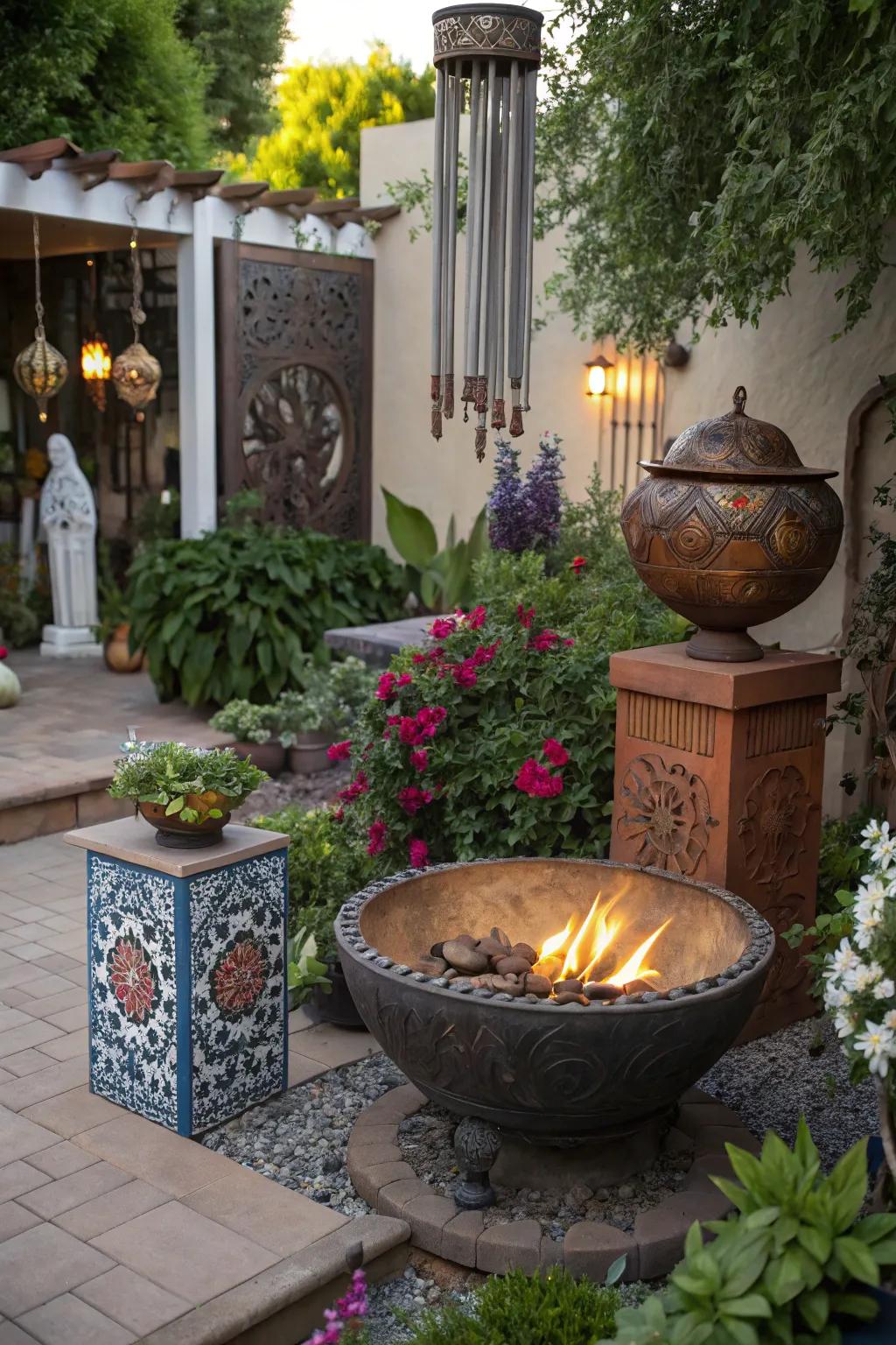 A sculpted fire bowl for an artistic outdoor centerpiece.