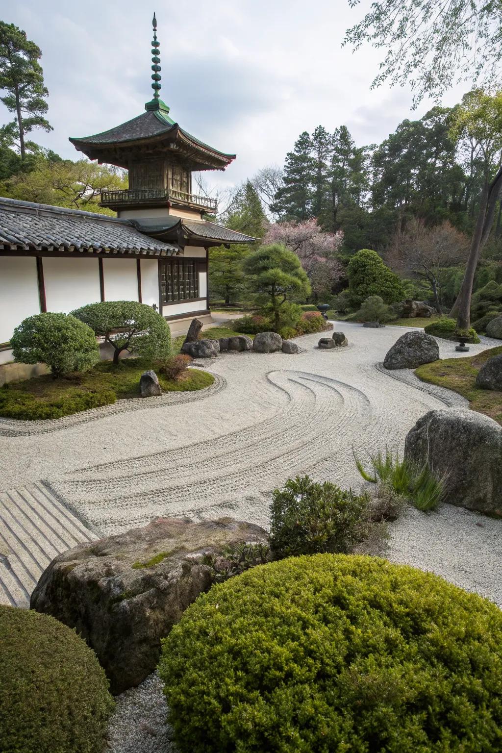 A pagoda offers cultural charm in the zen garden