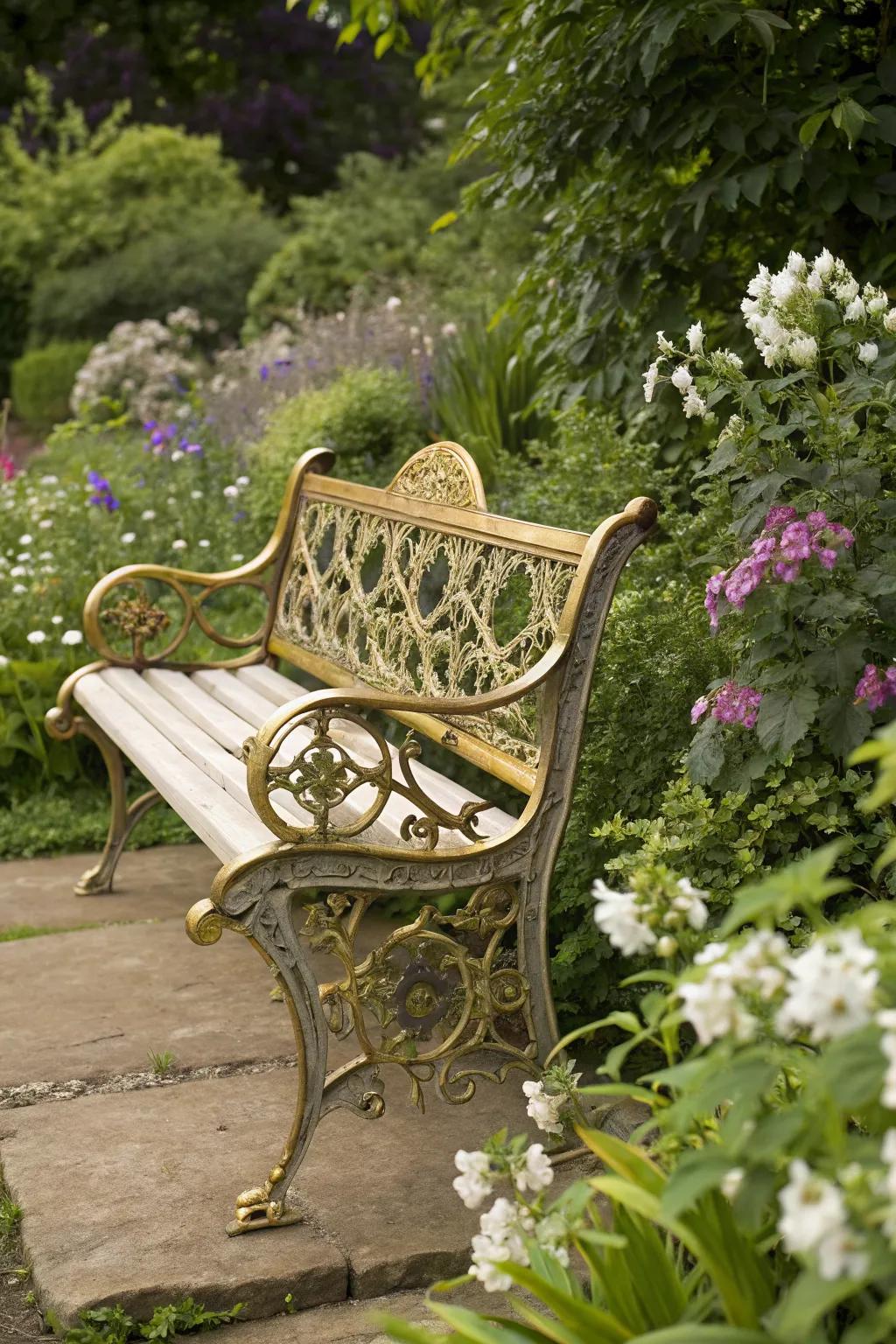 A metallic-accented bench that gleams with sophistication.