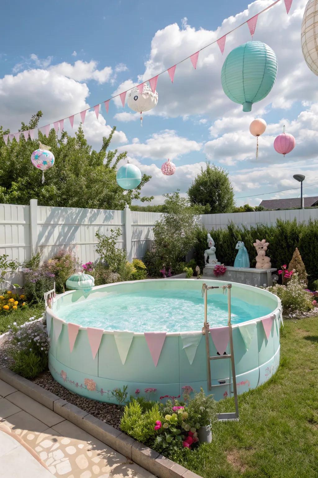 Pastel colors create a soft and dreamy poolside retreat.