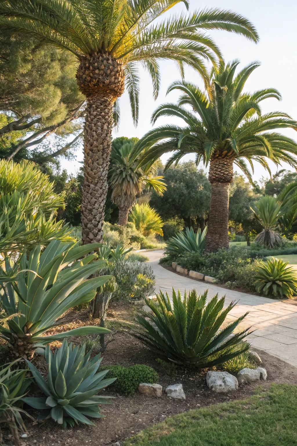 Palms and succulents create a stylish, low-maintenance garden.