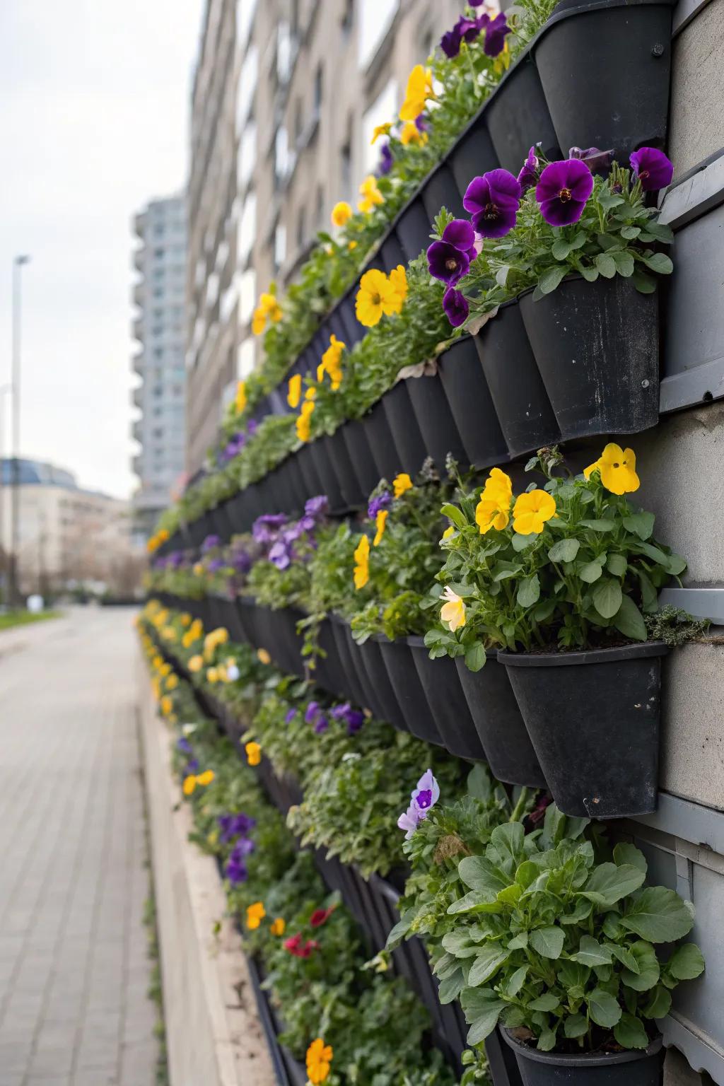 A vertical pansy wall adding color to vertical spaces.