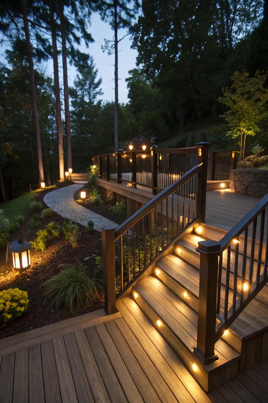 Integrated lighting ensures safety while enhancing the deck's ambiance.