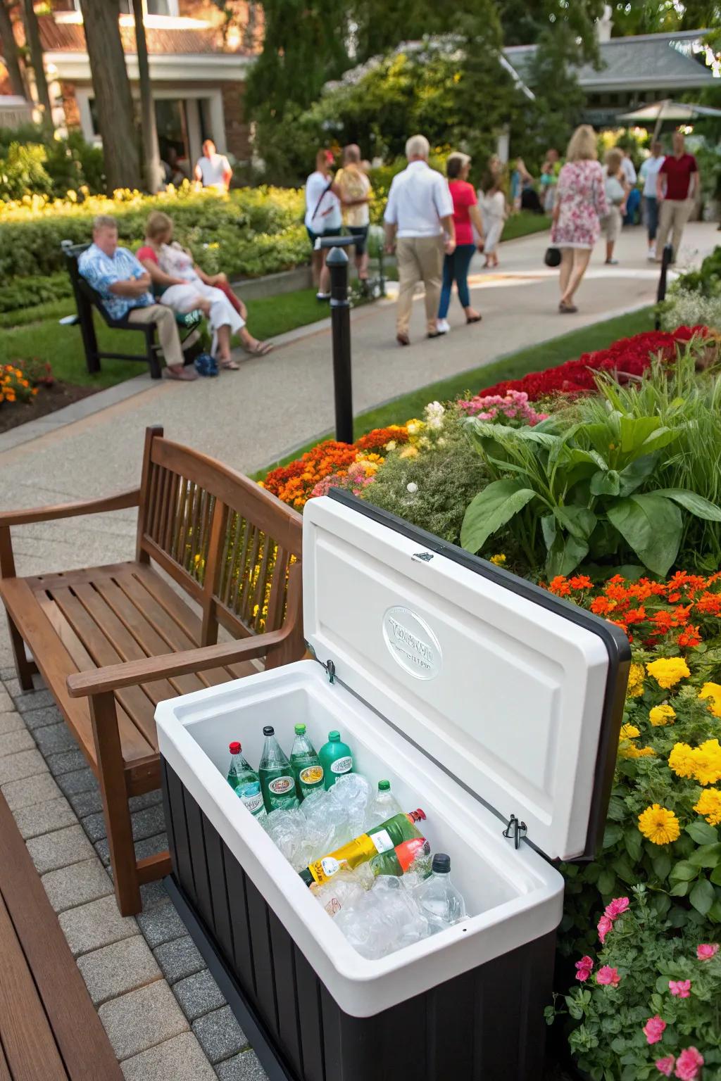 An outdoor cooler bench offering seating and drink storage.