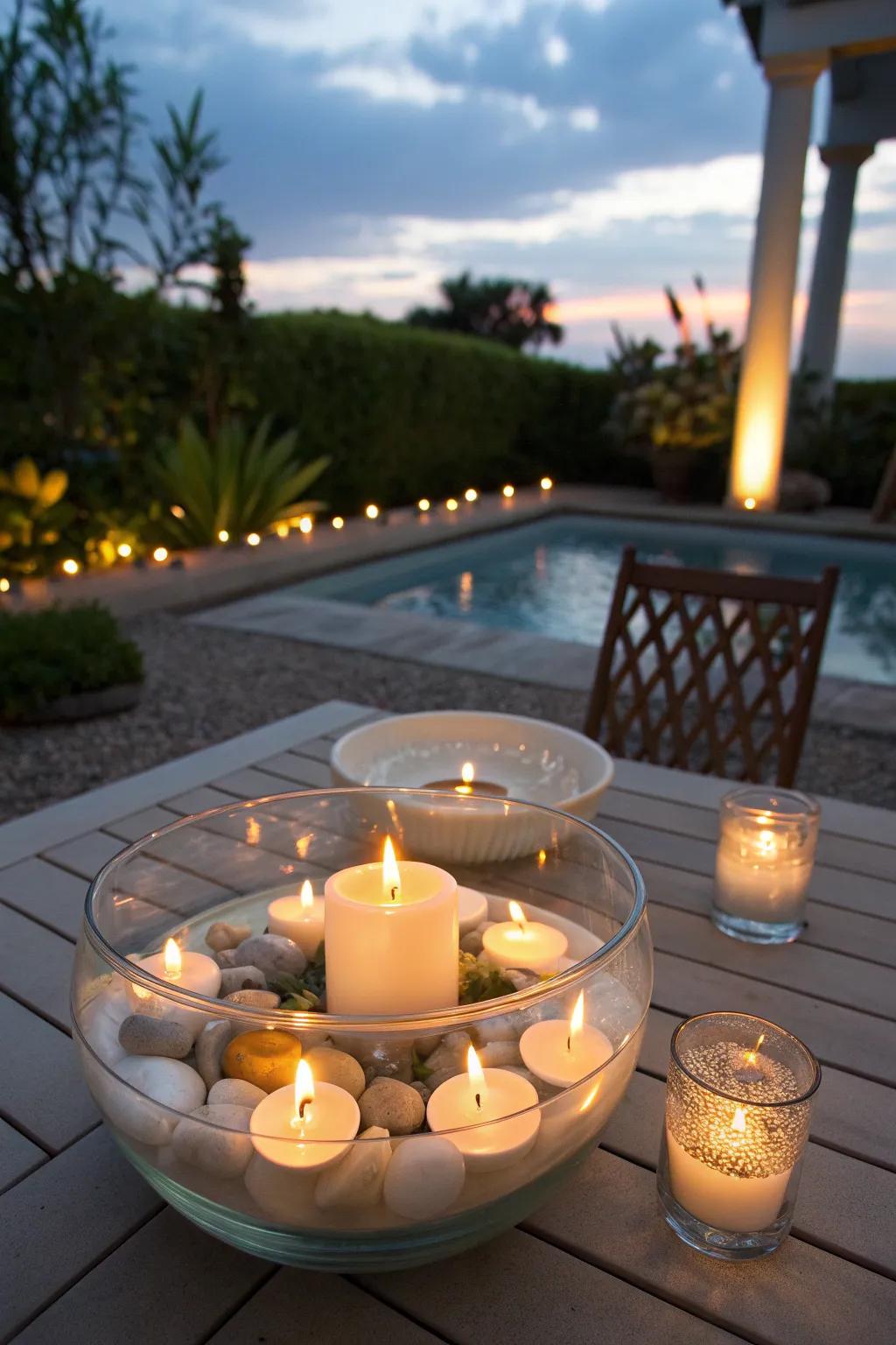 A serene patio table centerpiece with floating candles, adding elegance to the setting.