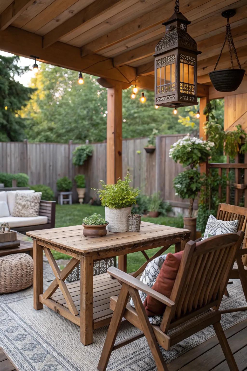 A patio enhanced with rustic wooden furniture.