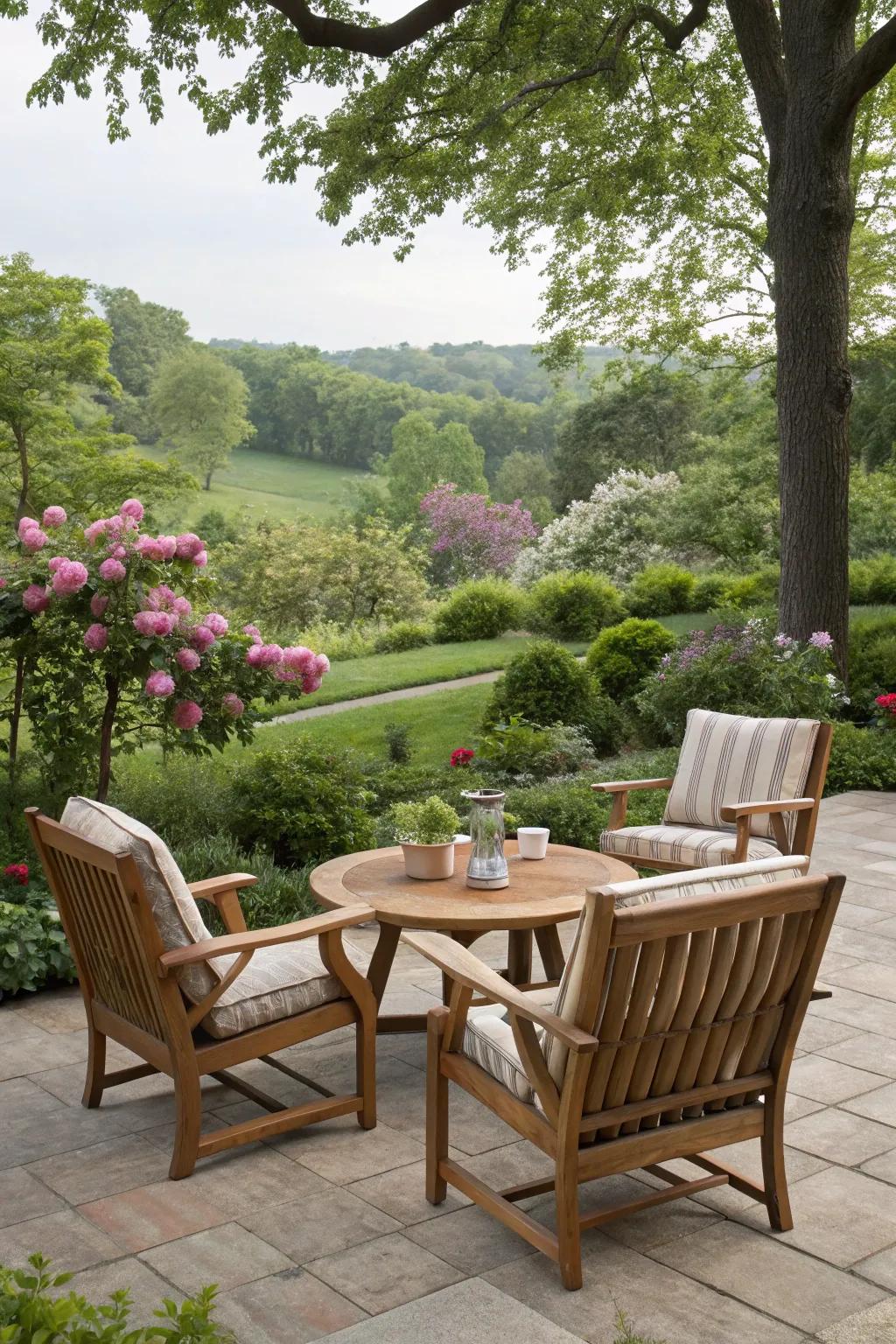Timeless teak chairs enhancing the classic elegance of a garden patio.