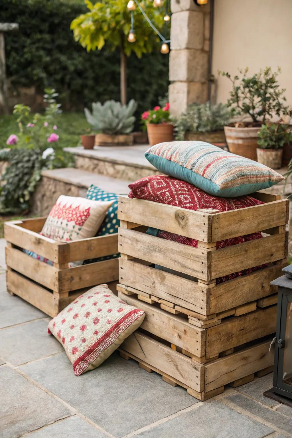 Add a farmhouse touch with stacked crates for charming cushion storage.