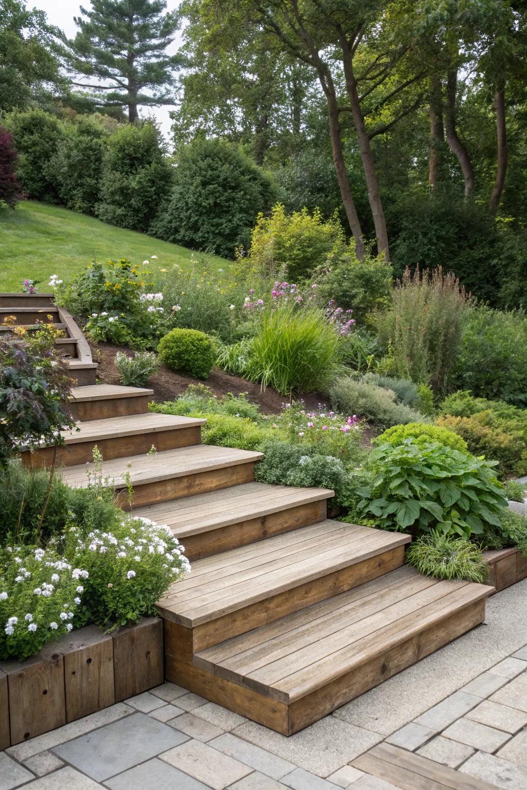 Low-profile steps ensure a smooth transition to your garden.
