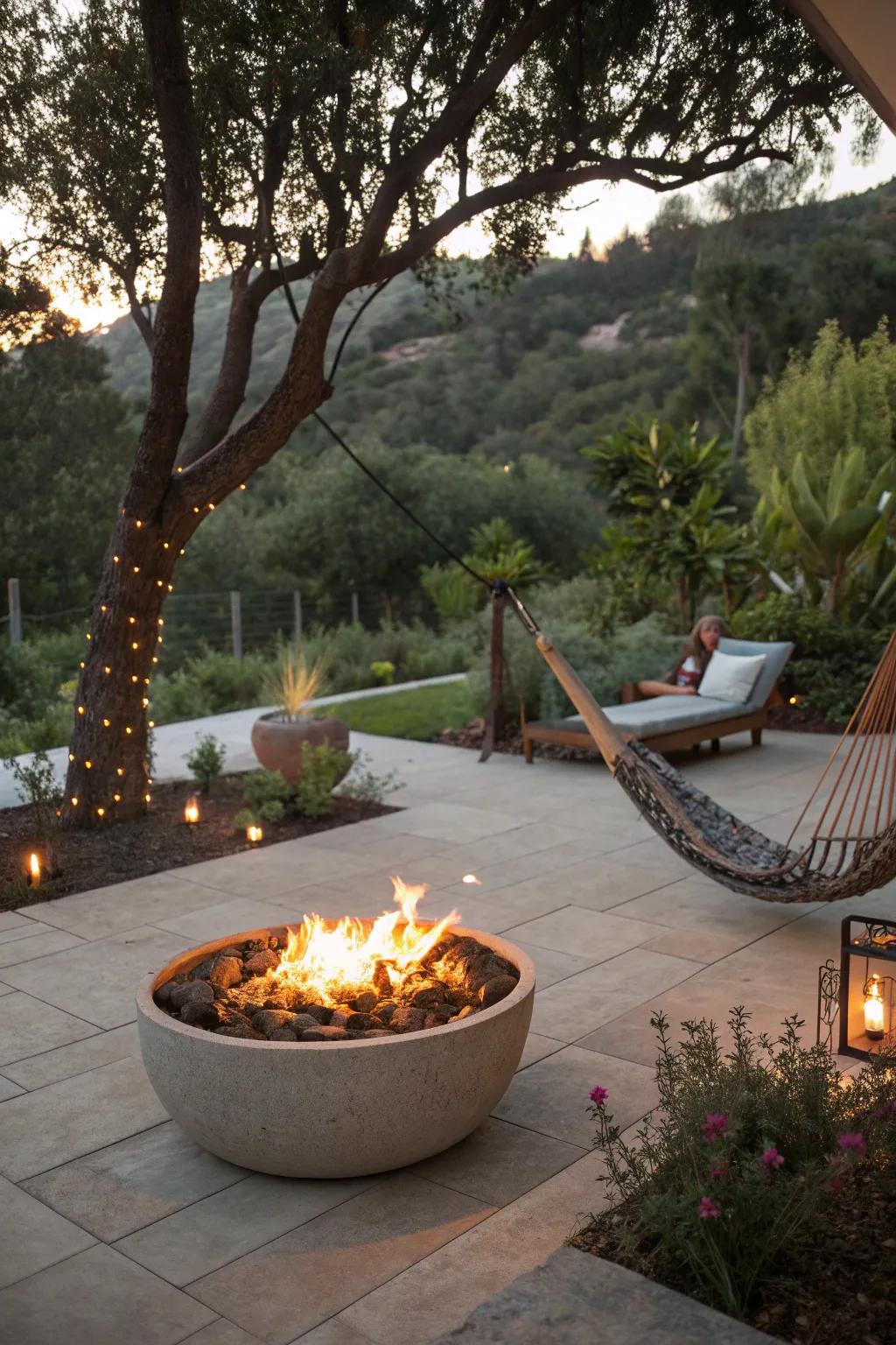 A hammock next to a fire pit creates a perfect relaxation spot.
