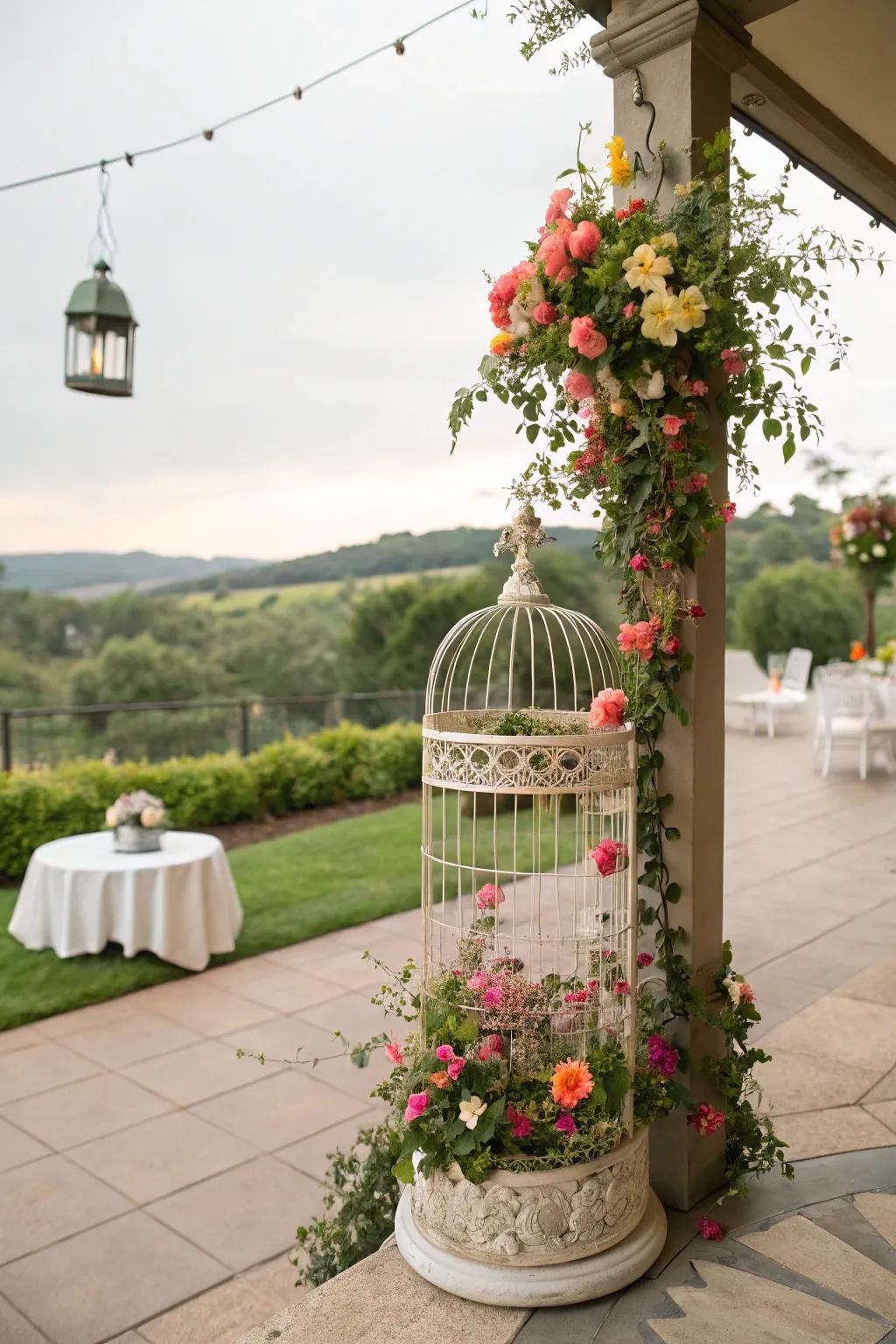 A vintage birdcage filled with flowers adding whimsy to the patio.