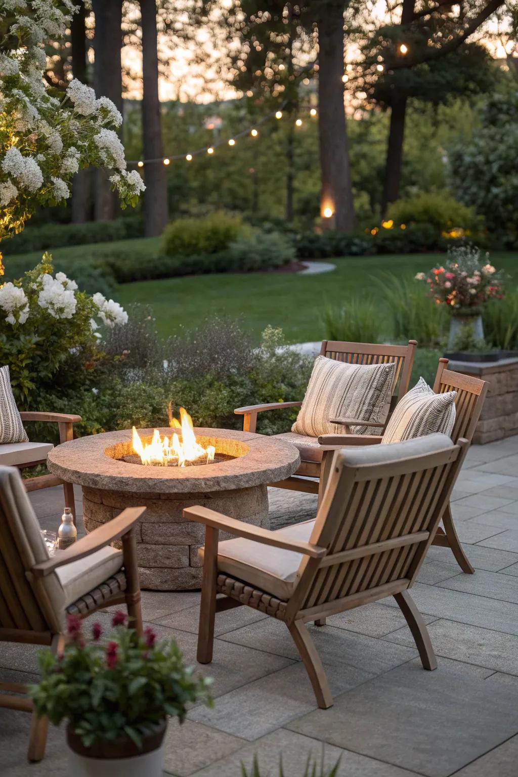 Eco-friendly materials make for a sustainable and stylish fire pit area.