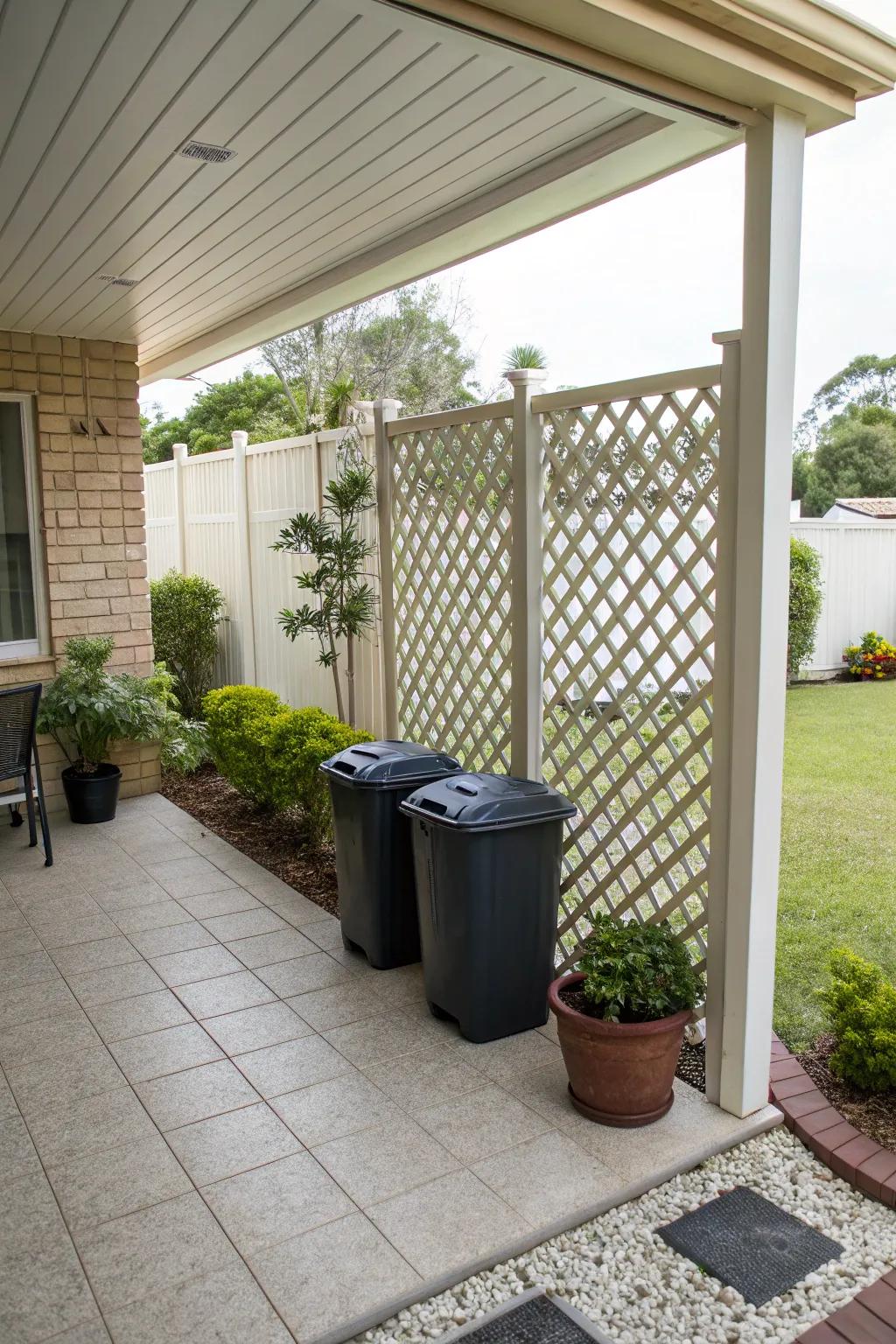 A lattice screen hides trash cans while adding greenery.