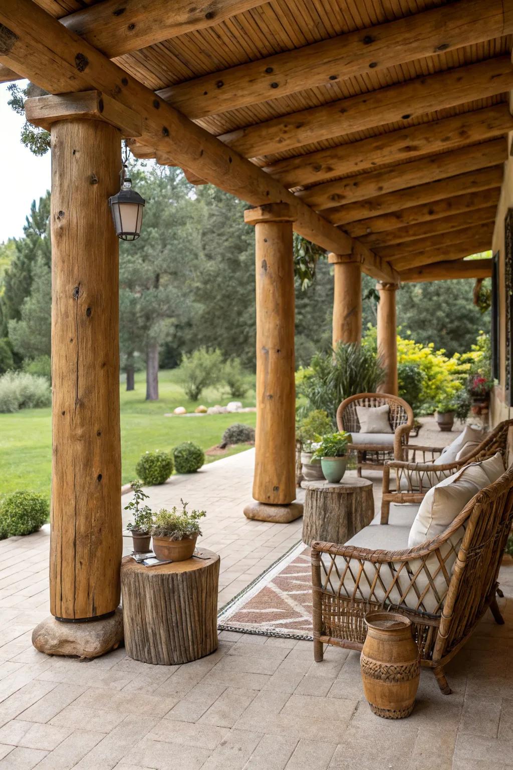 Log pillars bring rustic warmth to patios.