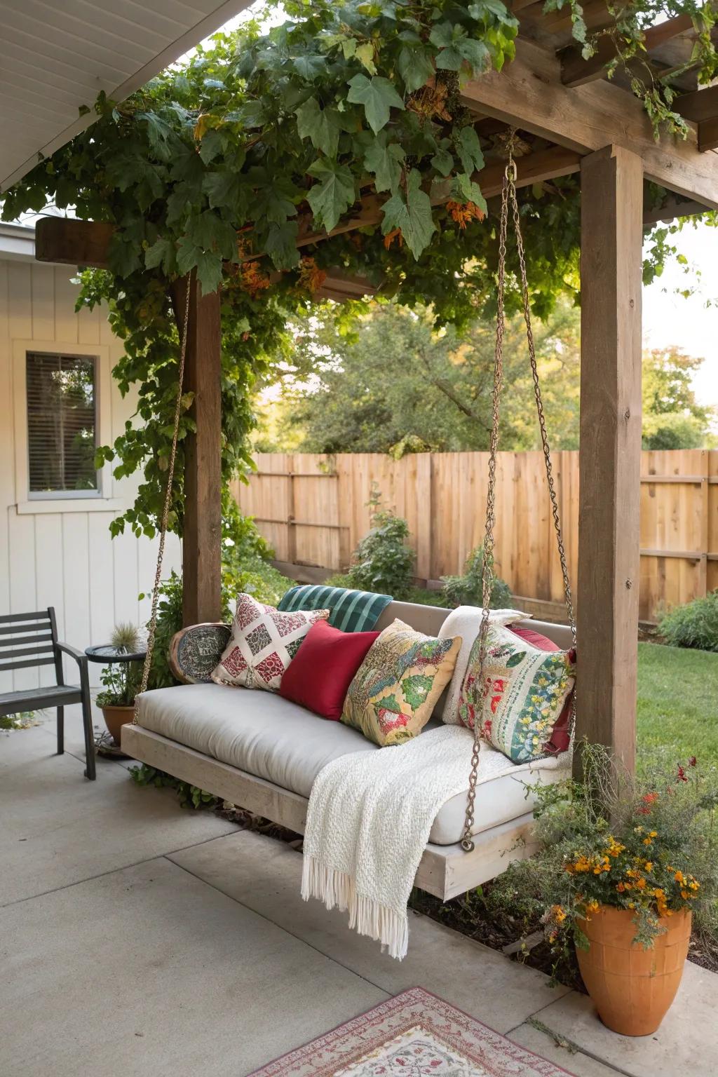Add charm and relaxation with a cozy porch swing.