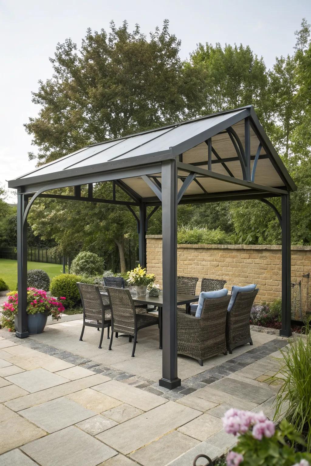 Weather-resistant materials ensure long-lasting patio shelters.