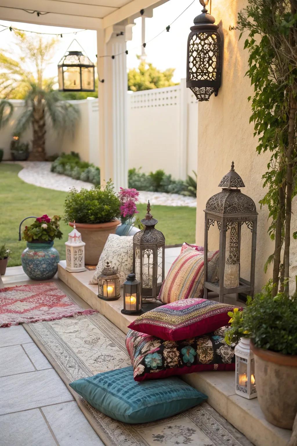 Outdoor art and accessories personalizing a small patio.