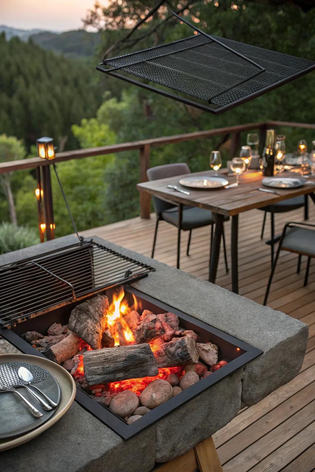 A fire pit equipped with a cooking grate, perfect for outdoor grilling.