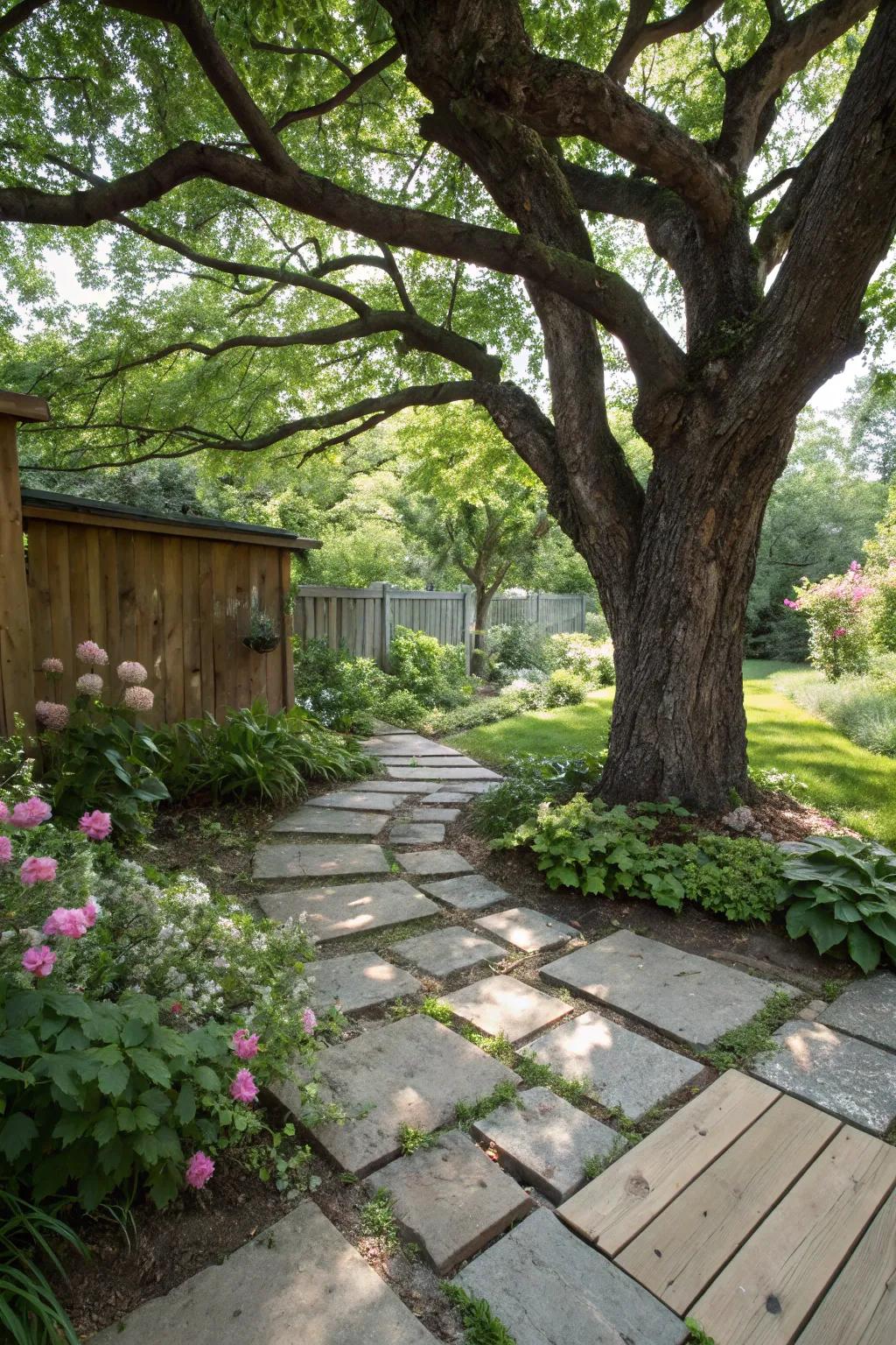 A charming mix of wood and stone pavers creating a rustic border around a tree.