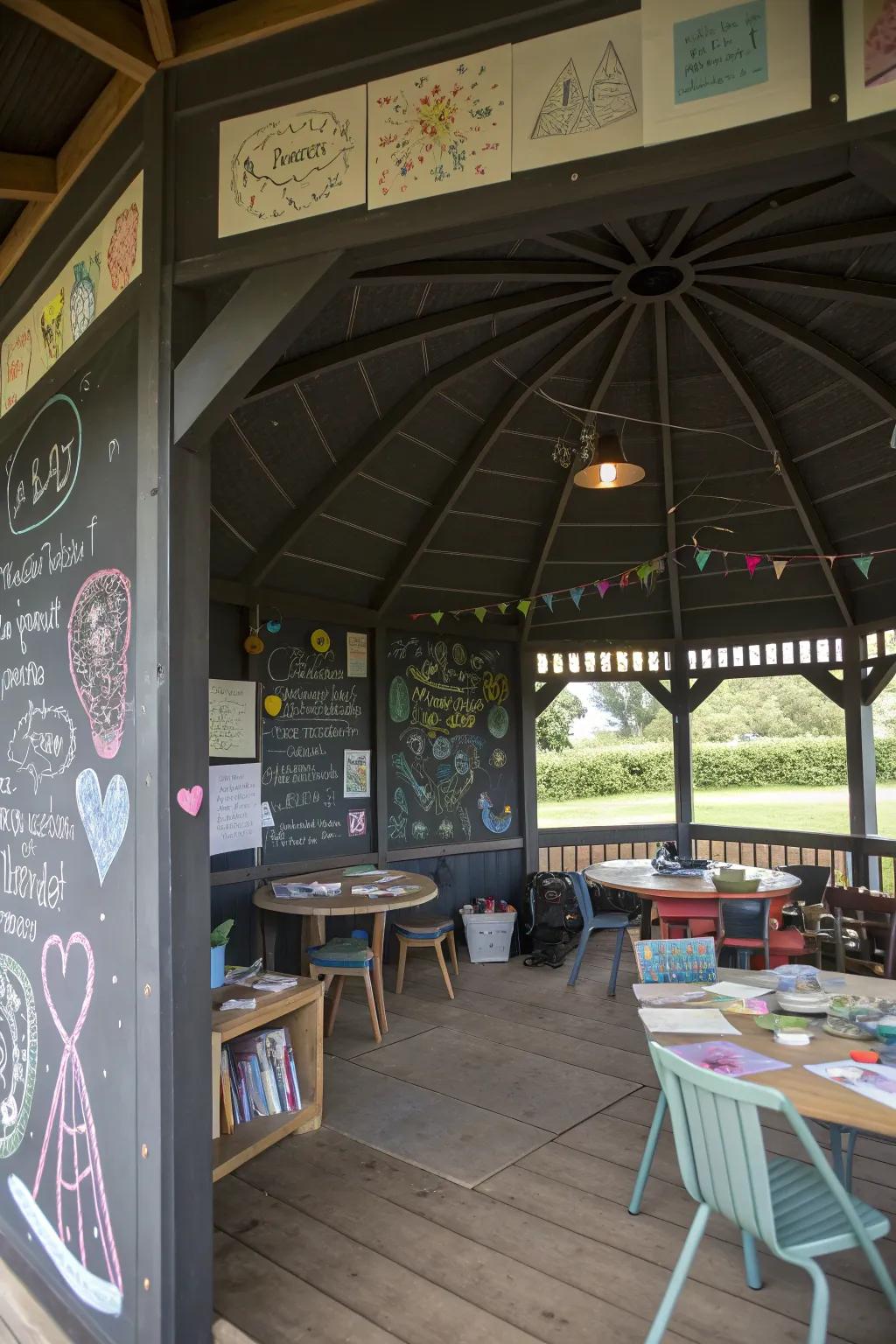 Chalkboard walls providing a creative, interactive space in a pavilion.