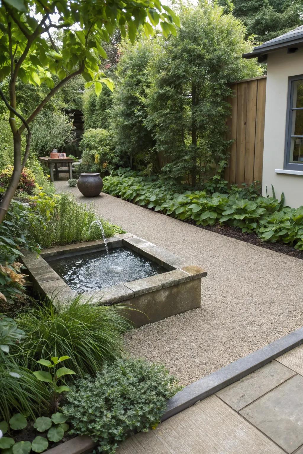 A water feature infuses this patio with calm and serenity.
