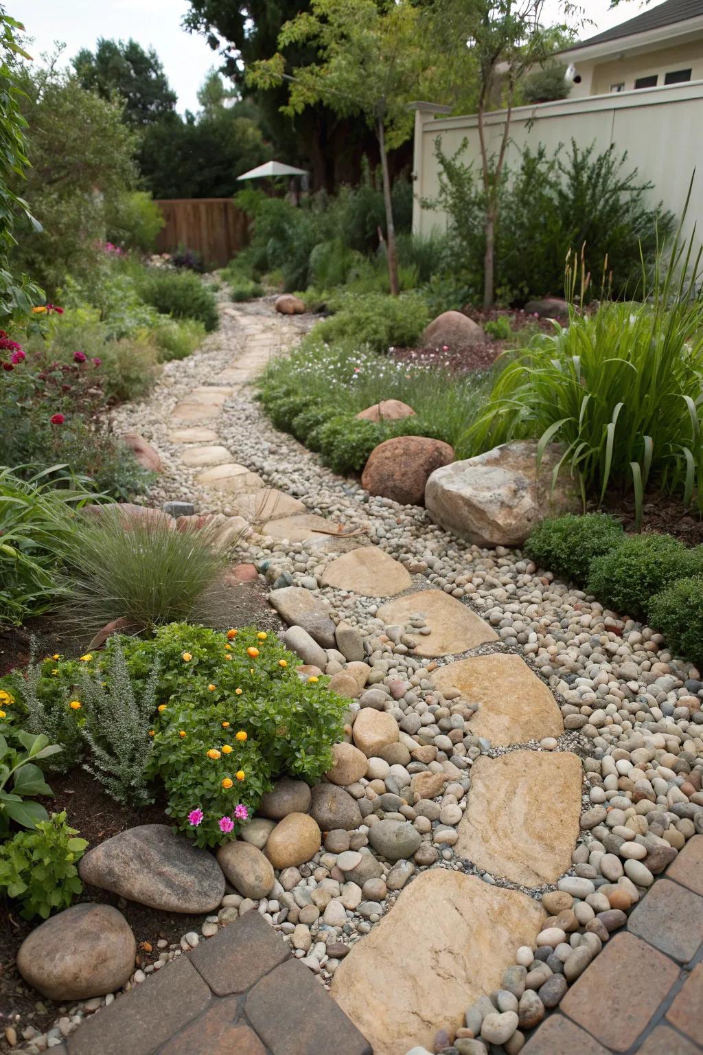 A dry riverbed design using pebbles for natural beauty.