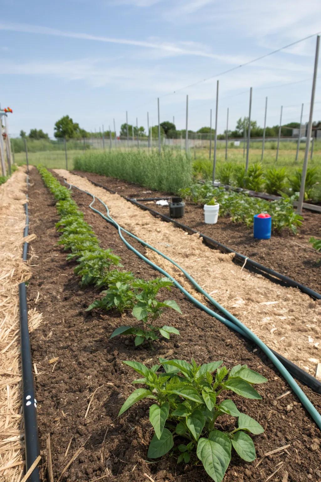 A water-efficient pepper garden using mulch and drip irrigation for sustainability.