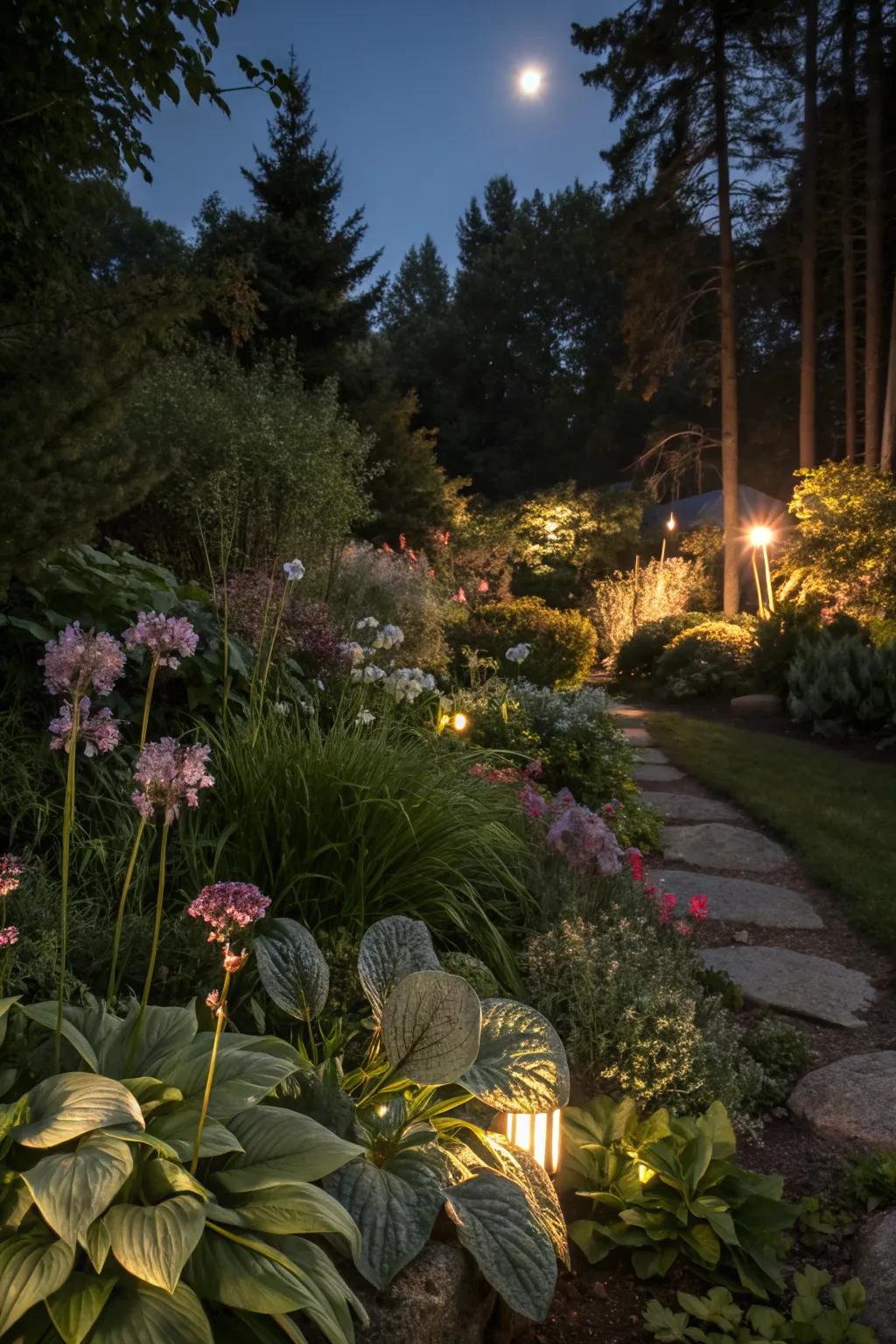 Night gardens enchant with evening blooms and reflections.