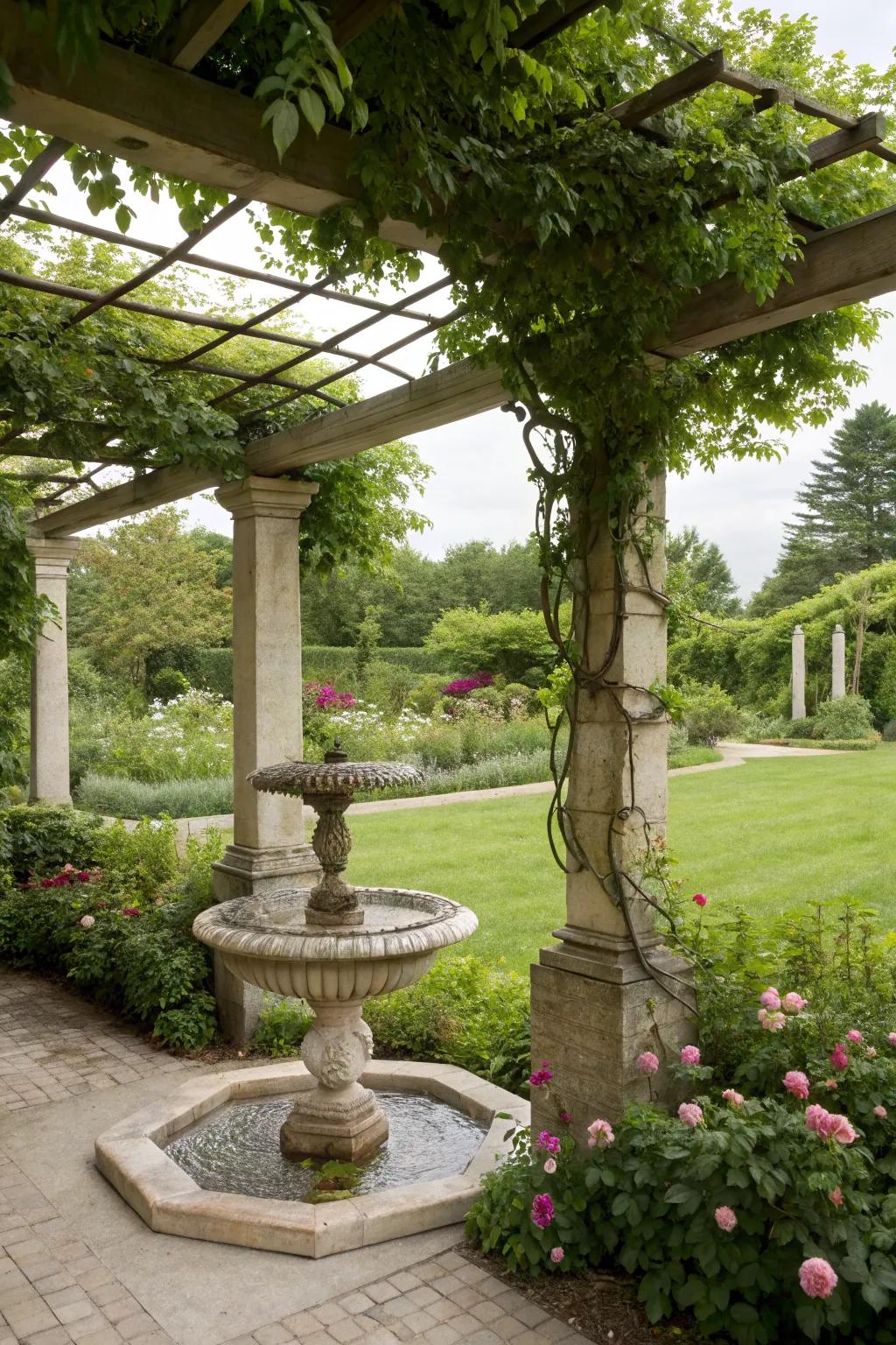 A water feature enhancing serenity in a pergola