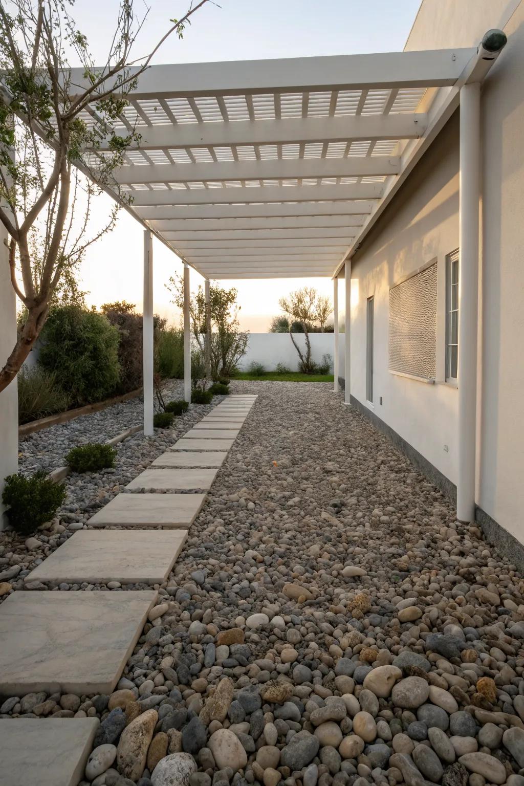 A mix of gravel and stones creates a minimalist, textured look.