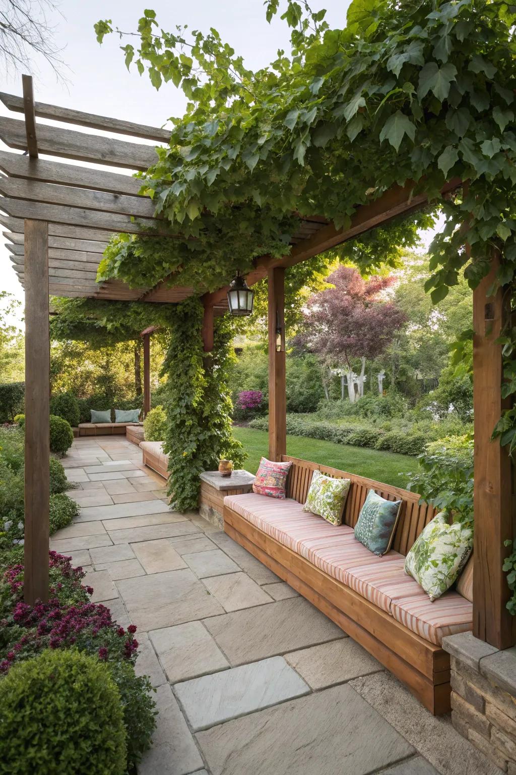 Maximize comfort with built-in seating under your pergola.