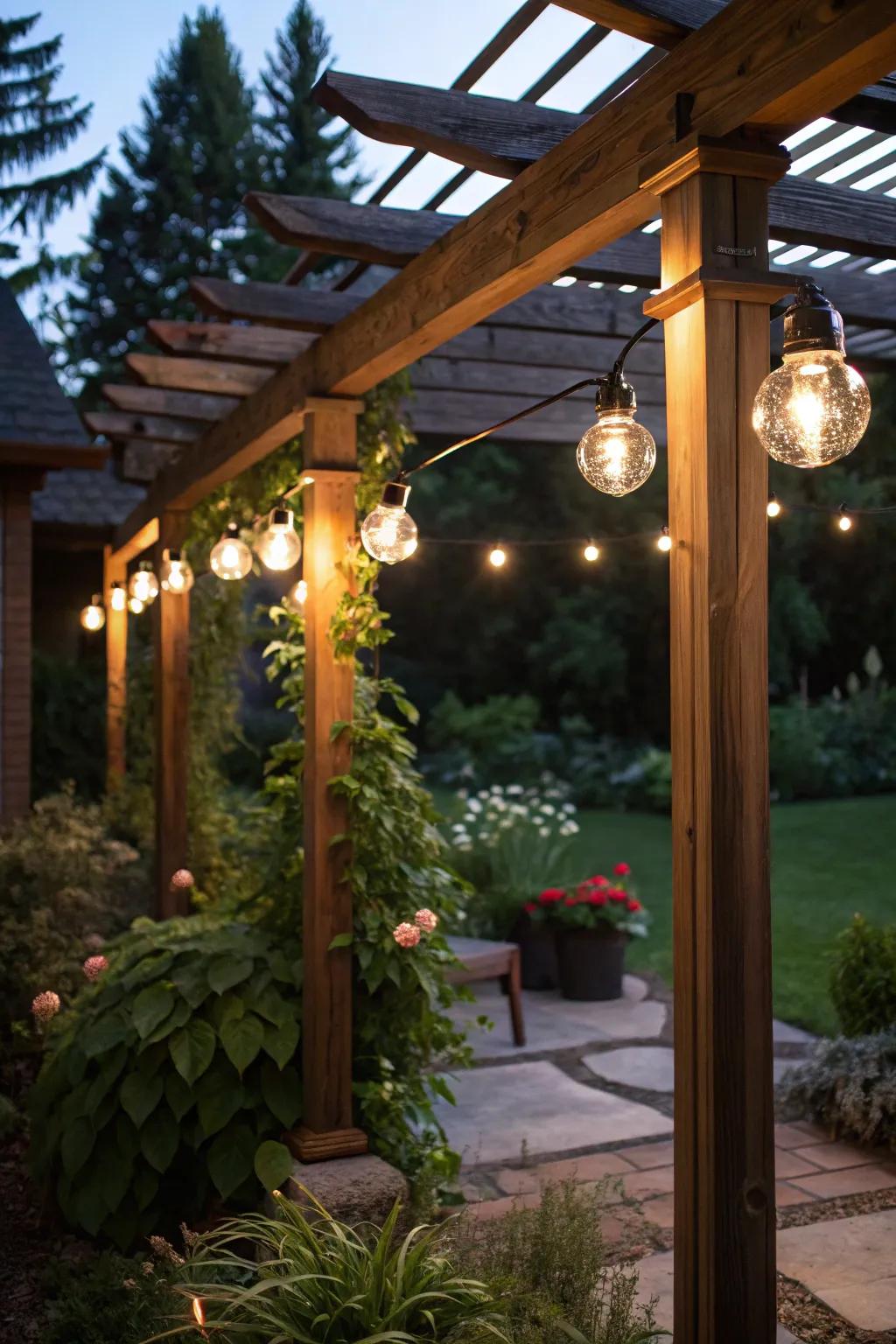 Solar-powered lights create an eco-friendly pergola oasis.