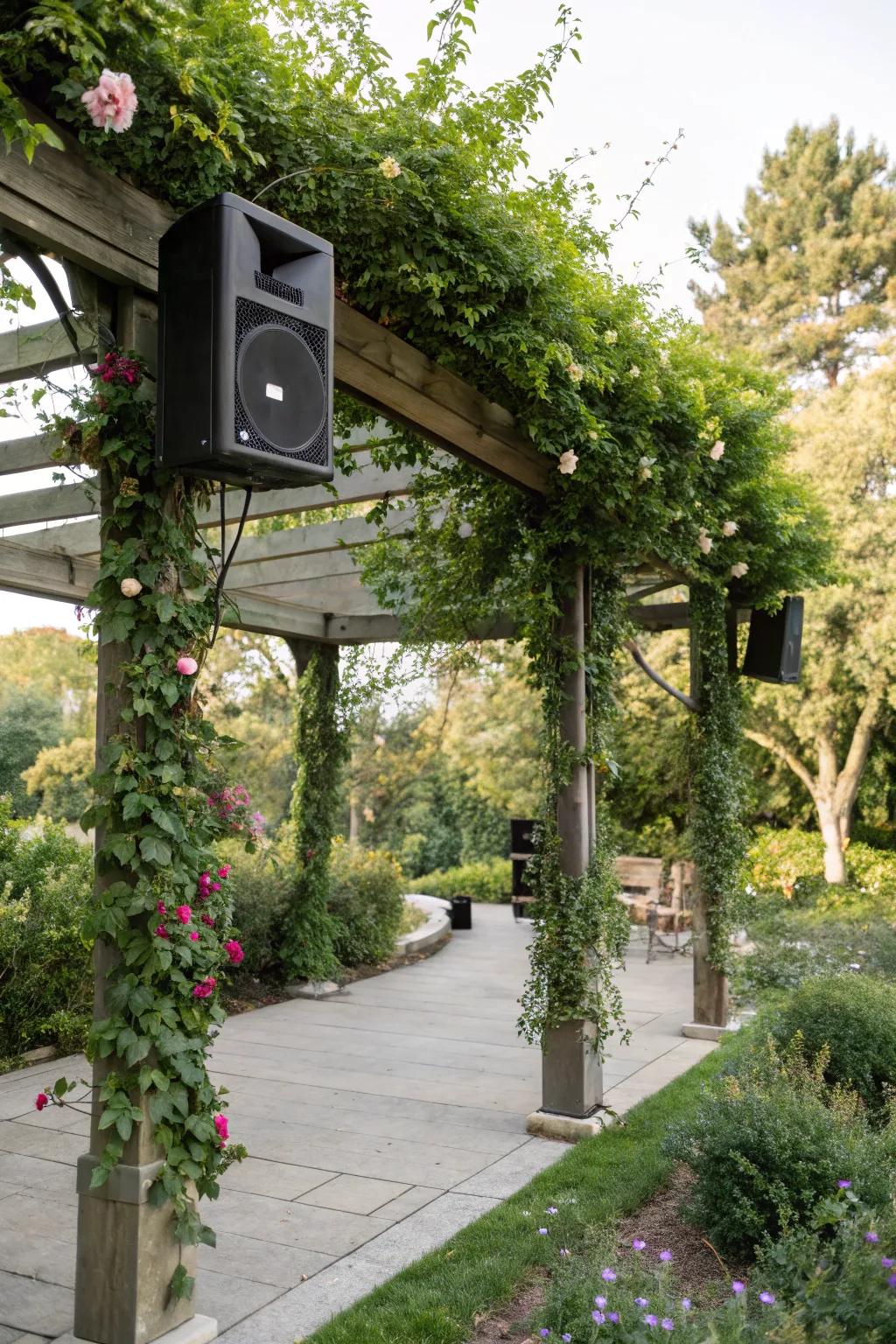 Built-in speakers turn your pergola into an outdoor entertainment hub.