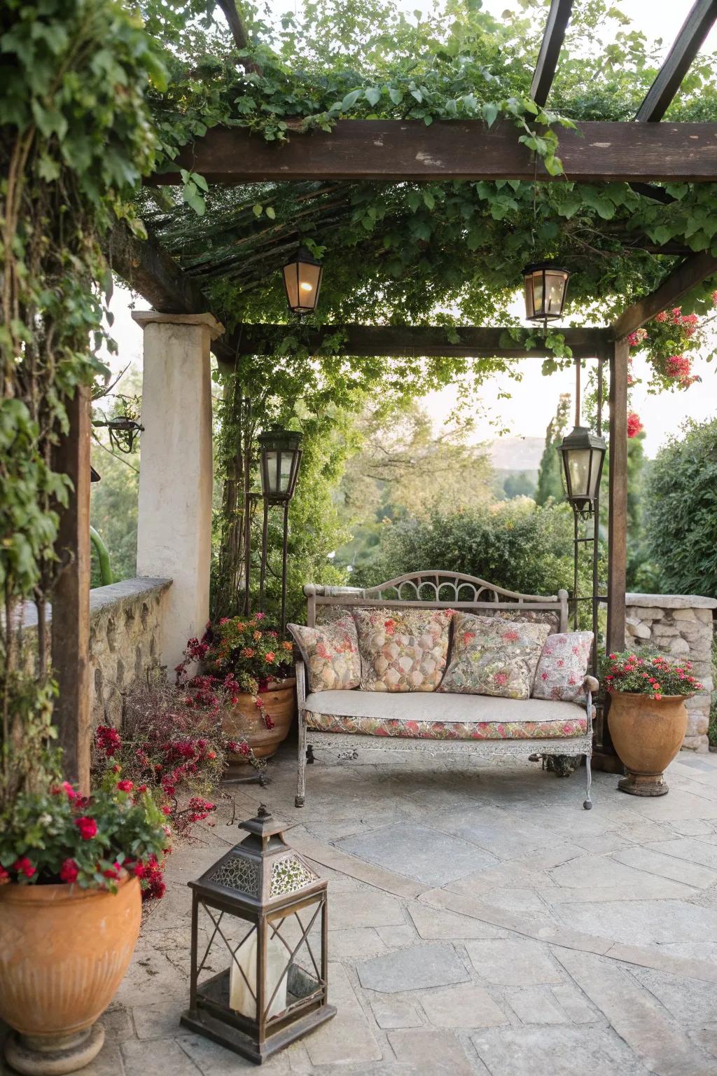 Vintage vibes with antique bench seating under a pergola.