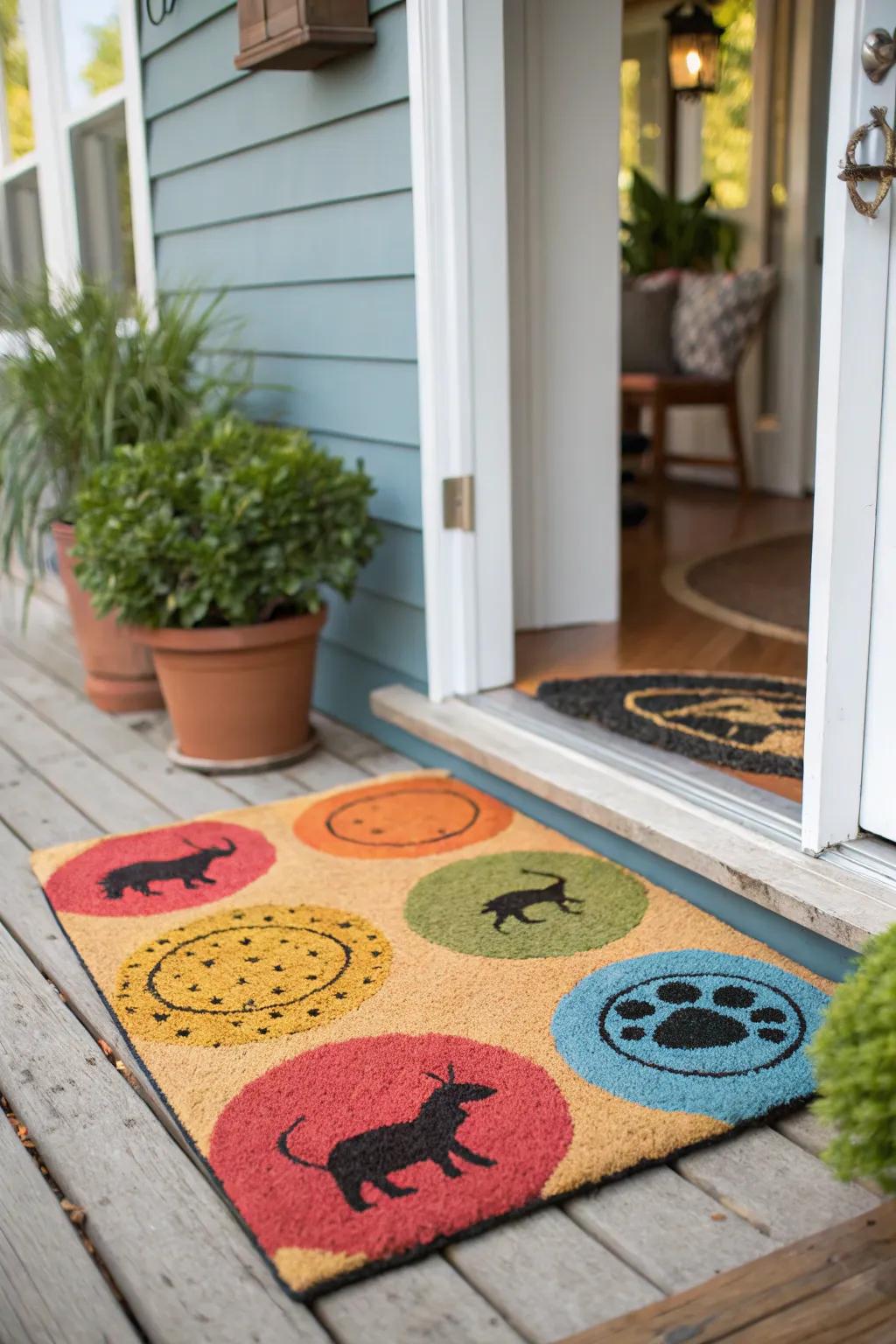 A door mat with playful shapes adding whimsy to the doorstep.