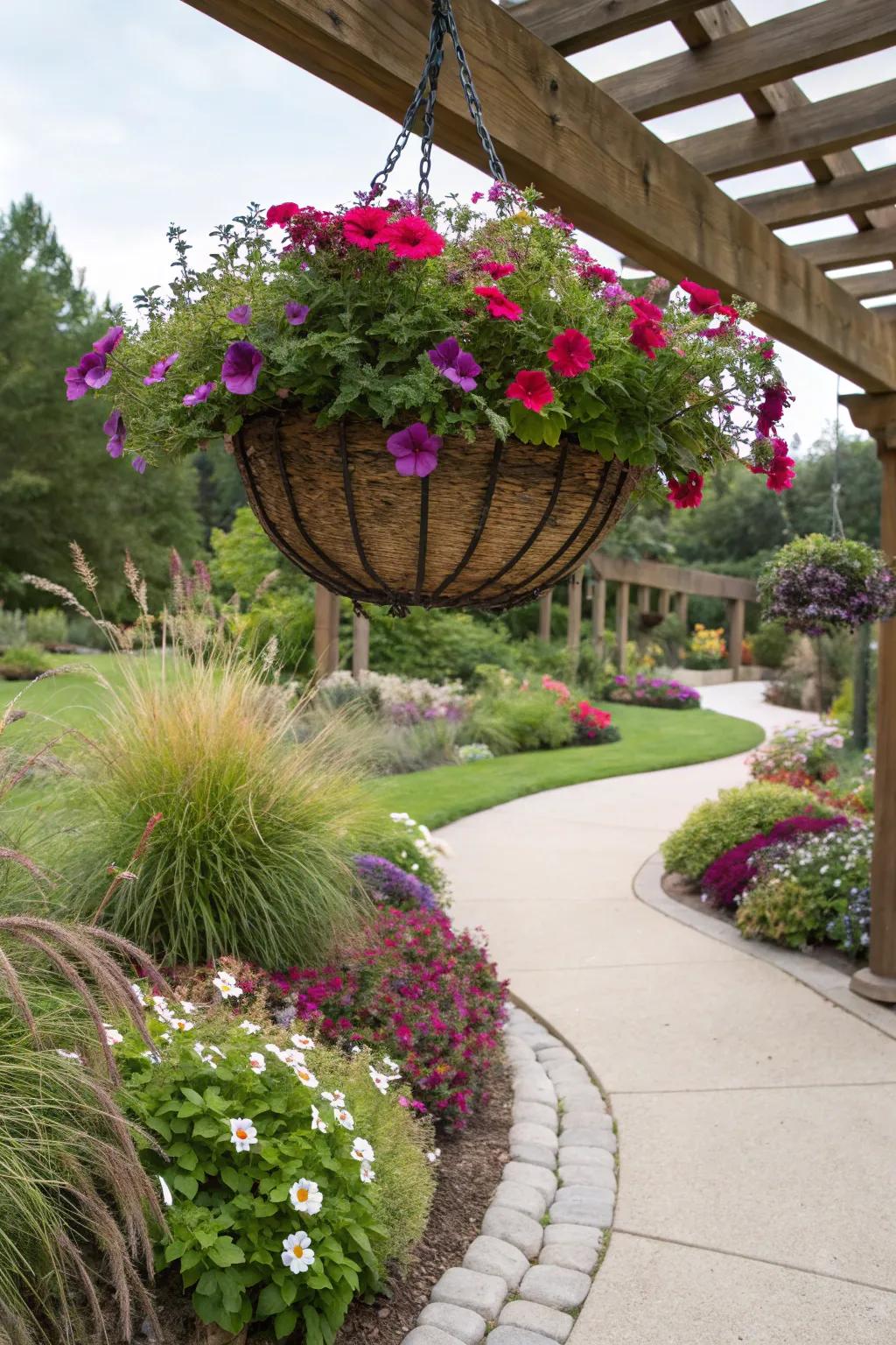 Surprising texture and movement with petunias and ornamental grasses.