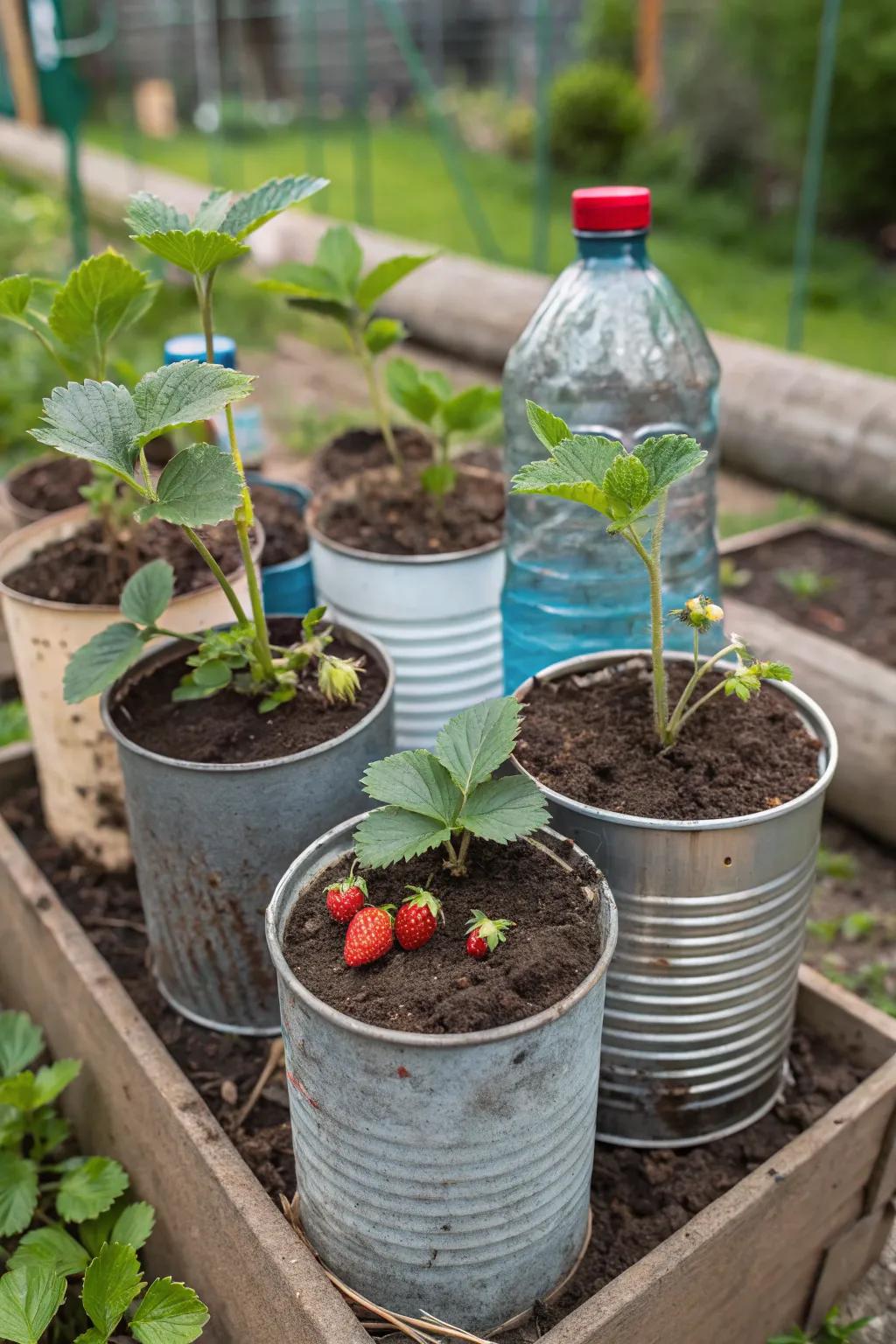 Recycled containers creatively used for strawberry gardening.
