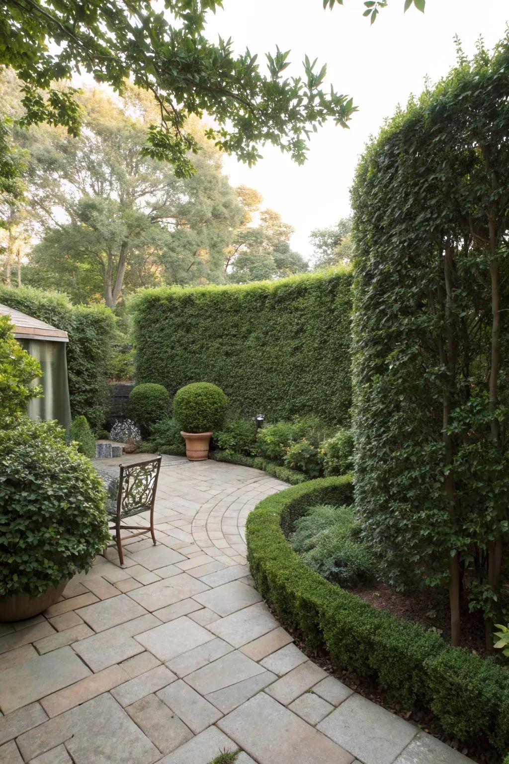 Natural privacy screens offer seclusion in a pie-shaped backyard.