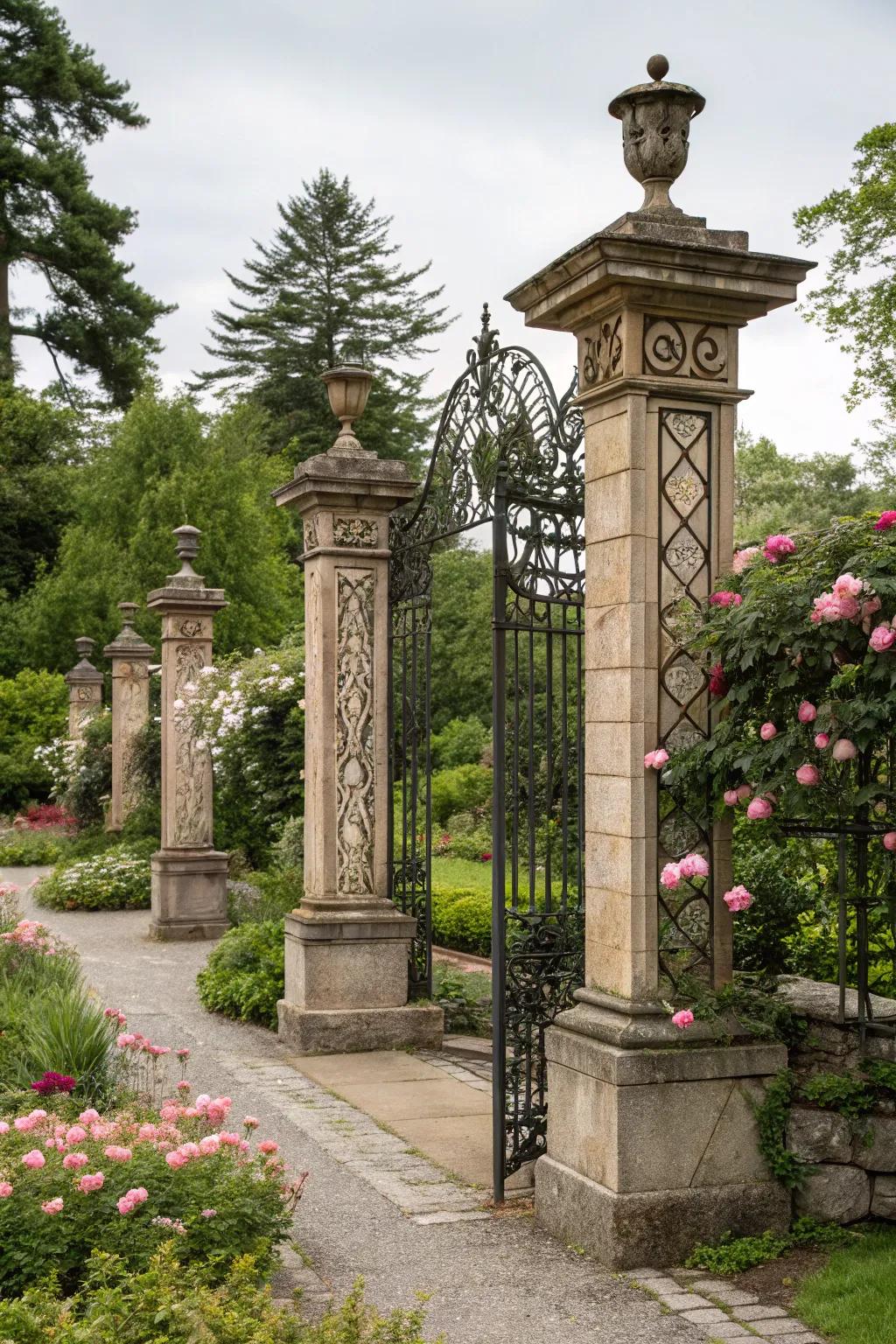 Decorative ironwork adds intricate detail to stone pillars.