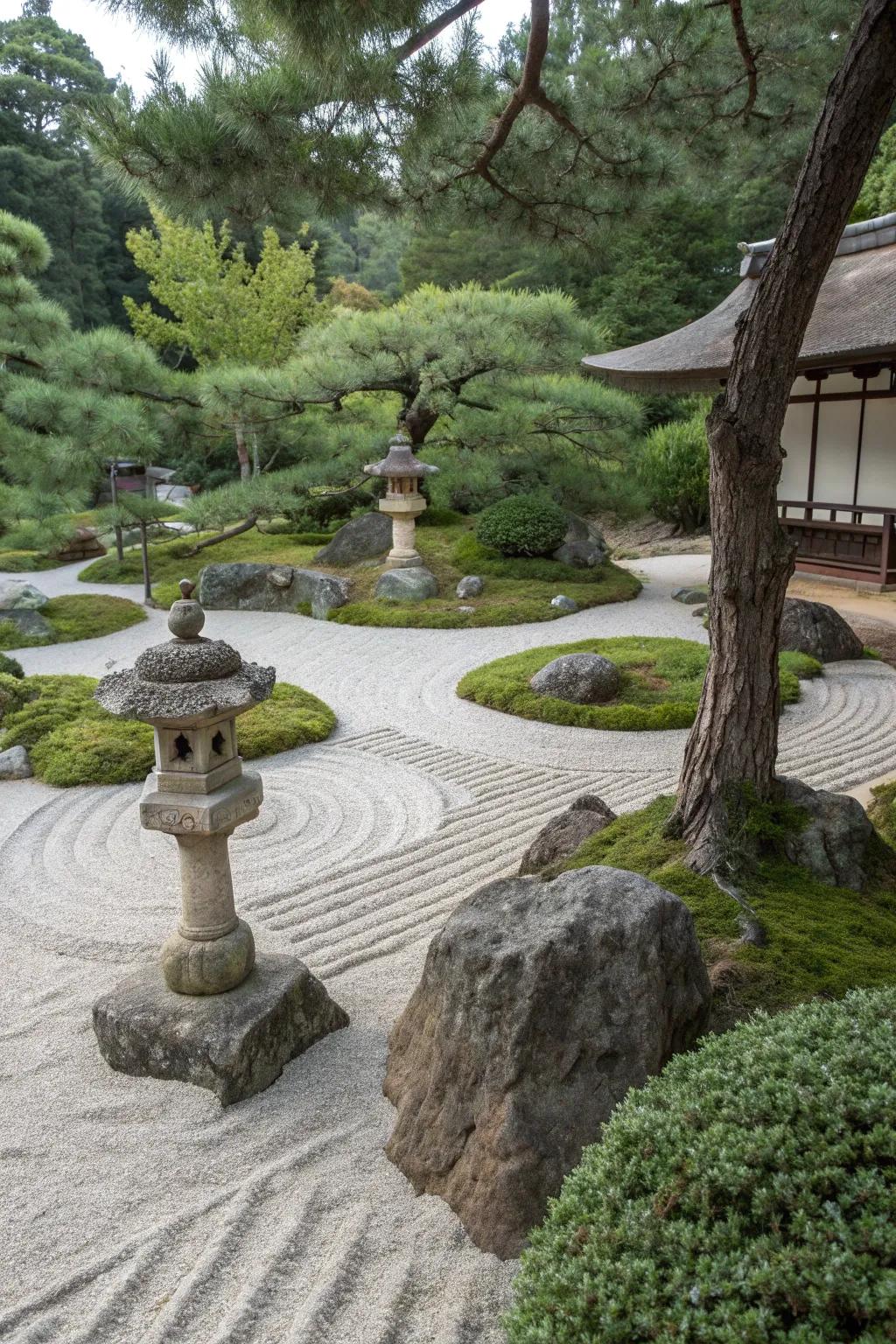 Pine straw adds a serene touch to this Japanese Zen garden.