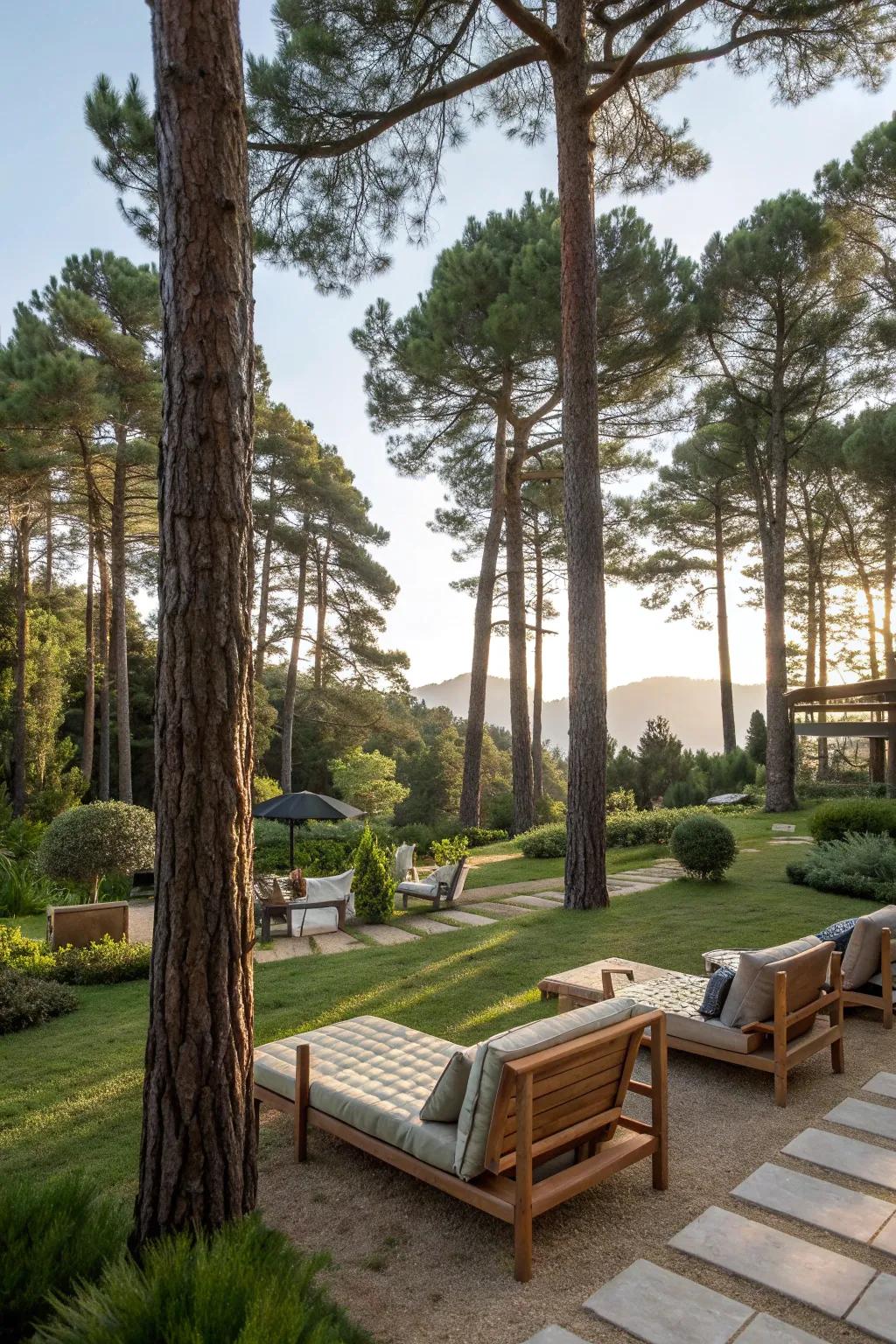 Healing and relaxation in a pine garden.