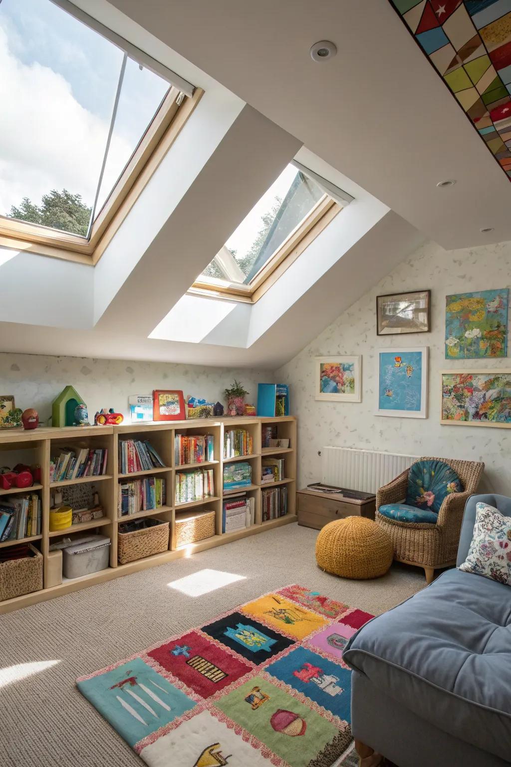 A playful children's room brightened by cheerful skylights.